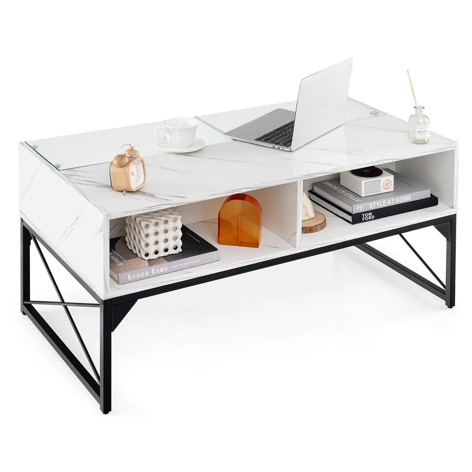 Center Table, Faux Marble Tempered Glass Top, White - Image 5