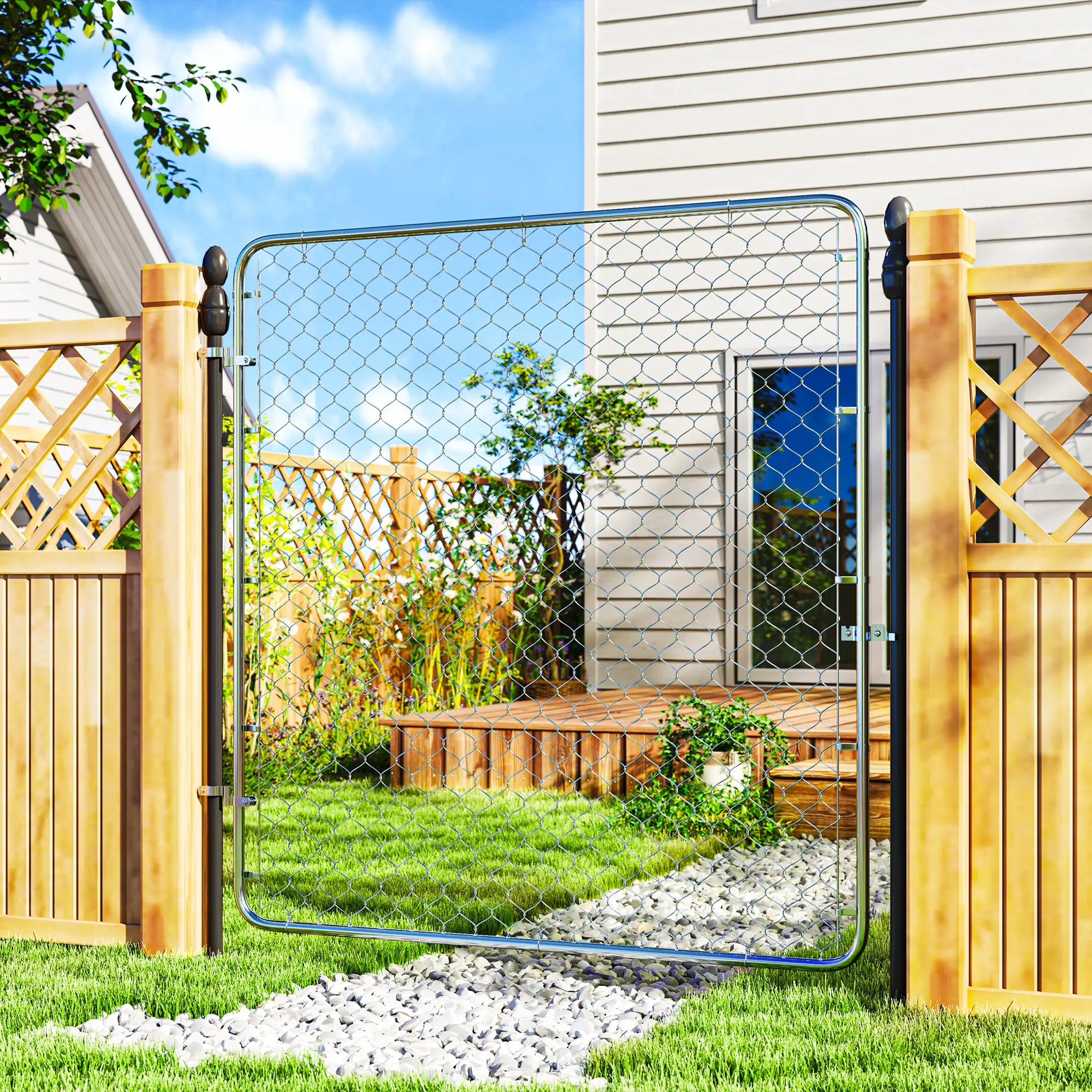 Chain Link Fence Gate, Galvanized Steel Garden Door, 70.9 x 70.9 in., Silver - Image 2