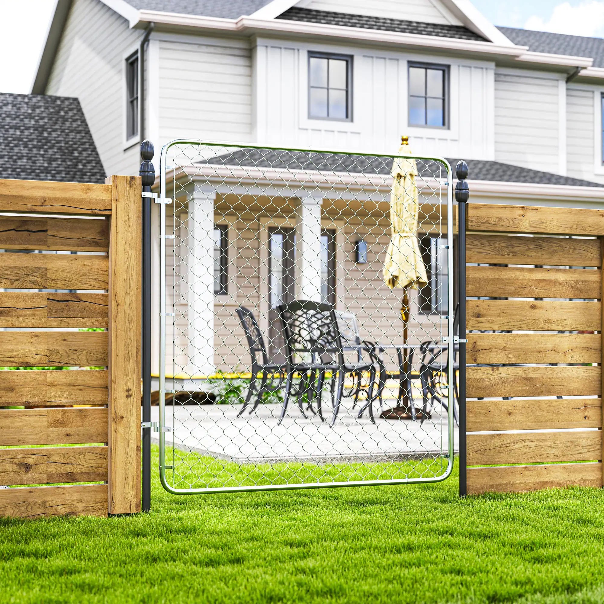 Chain Link Fence Gate, Galvanized Steel Garden Door, 70.9 x 70.9 in., Silver - Image 8