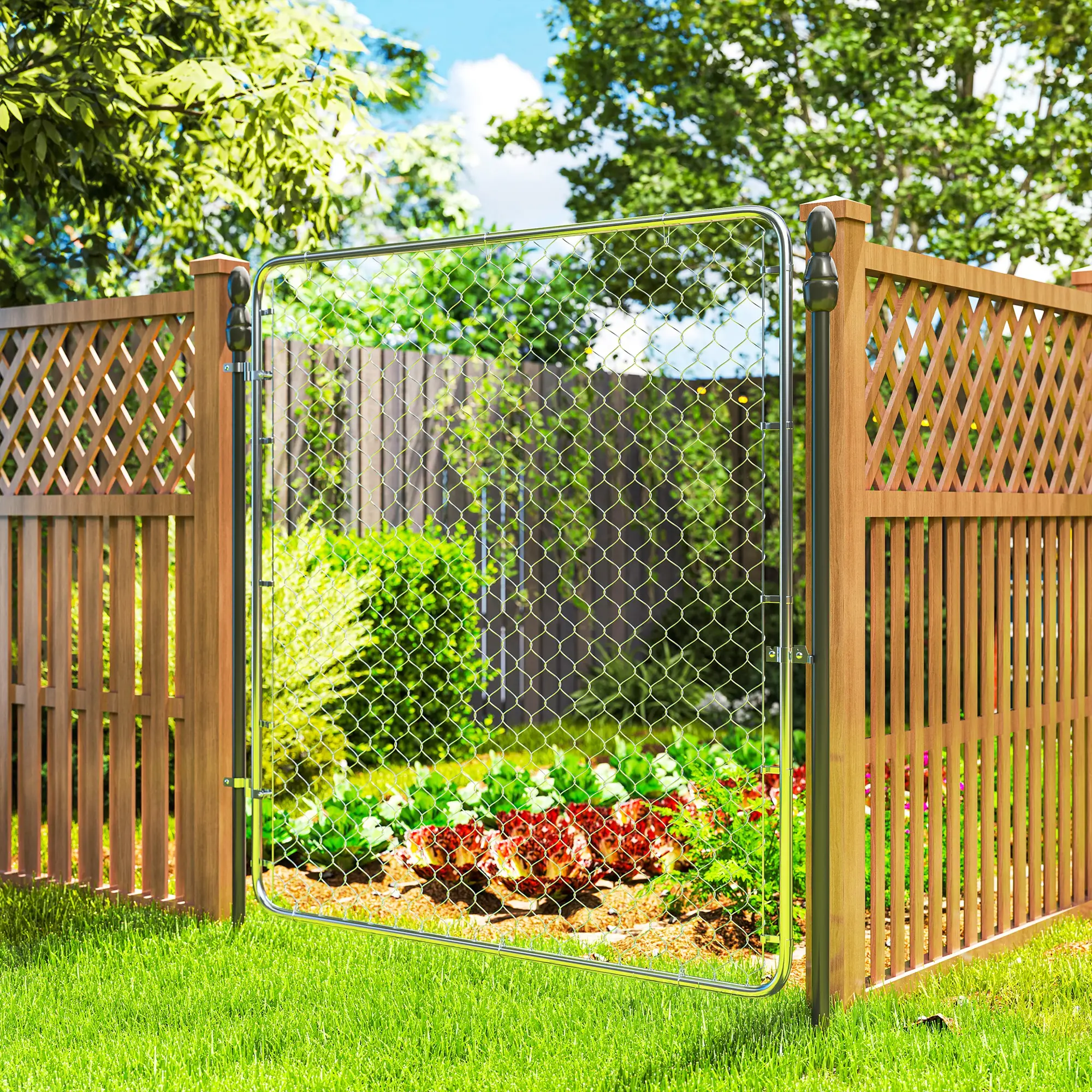 Chain Link Fence Gate, Galvanized Steel Garden Door, 70.9 x 70.9 in., Silver - Image 9