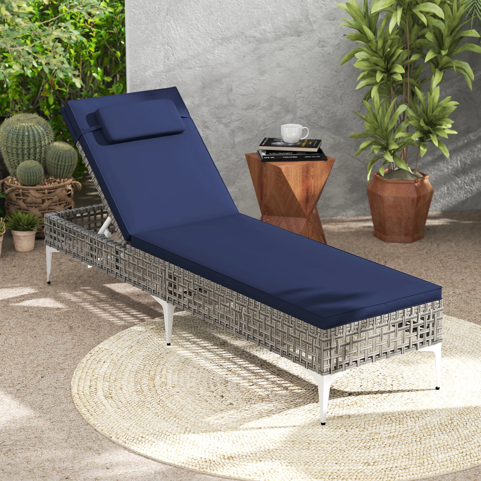 Chaise Lounge Chair, 6-Level Adjustable Backrest, Headrest, Navy - Image 2