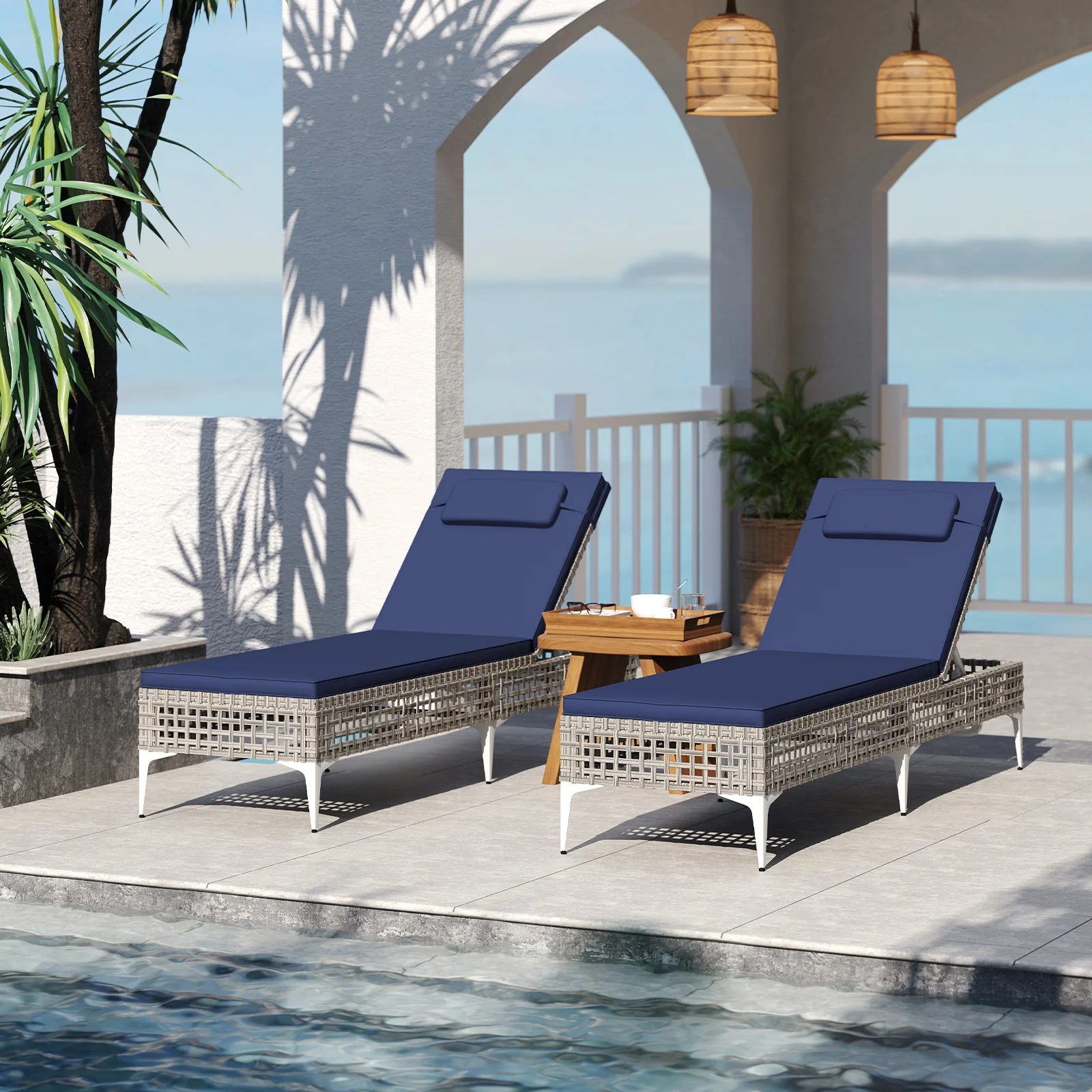 Chaise Lounge Chair, 6-Level Adjustable Backrest, Headrest, Navy - Image 3