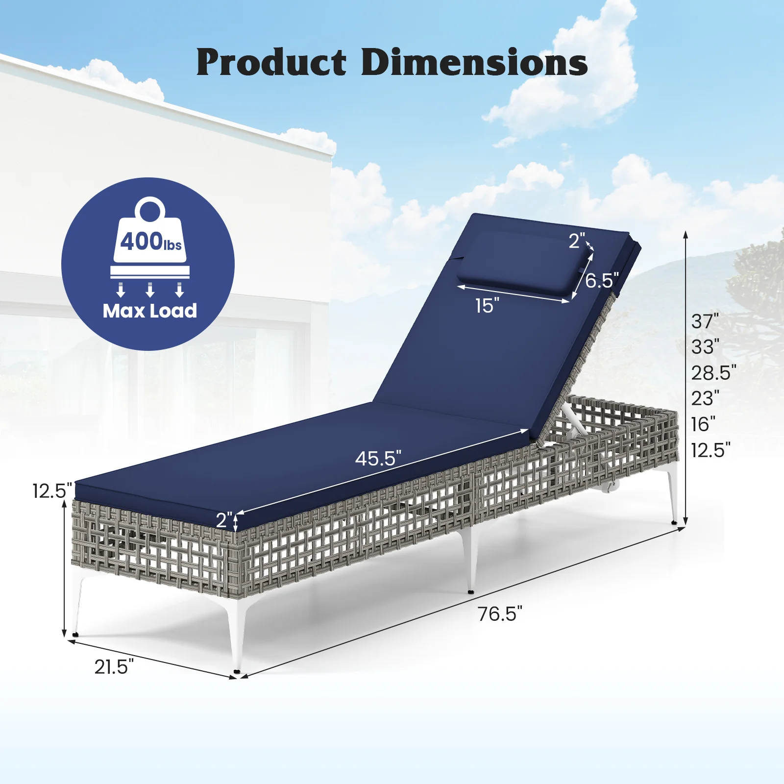Chaise Lounge Chair, 6-Level Adjustable Backrest, Headrest, Navy - Image 5