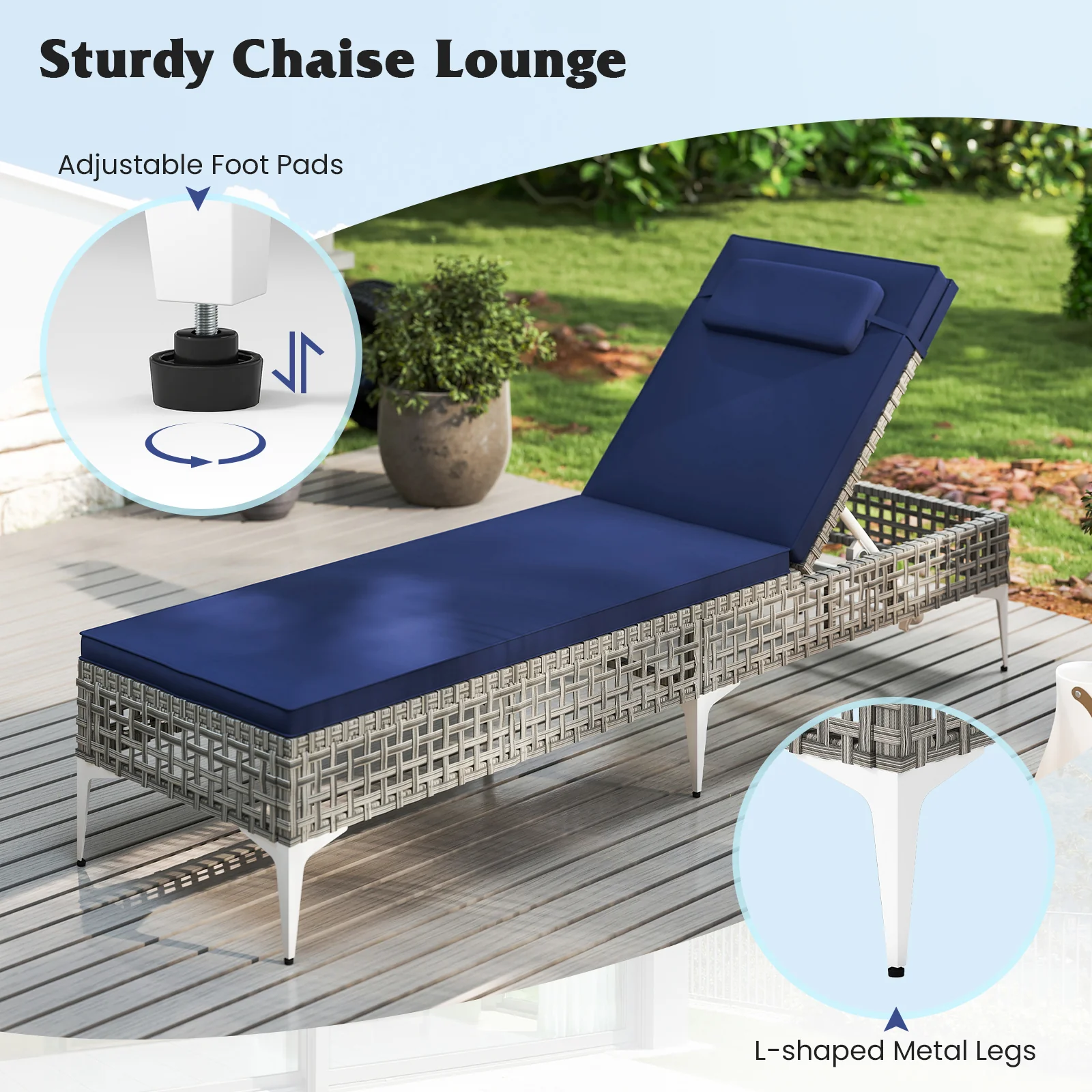 Chaise Lounge Chair, 6-Level Adjustable Backrest, Headrest, Navy - Image 9