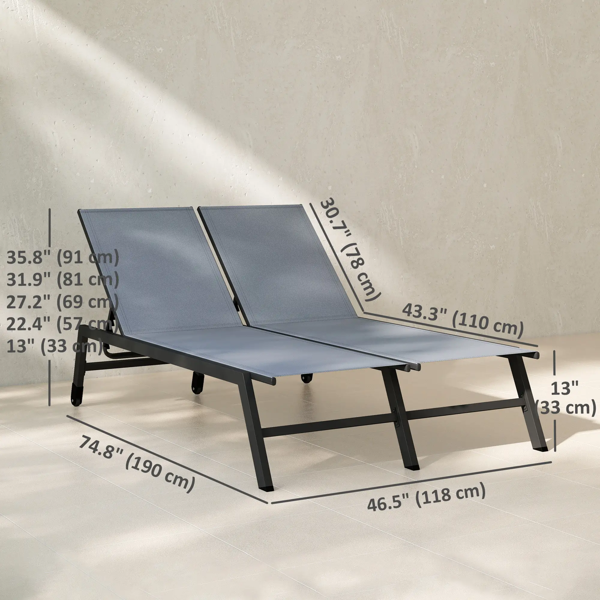 Chaise Lounge Chair For 2 Person, 5-Position Adjustable With Wheels - Image 3