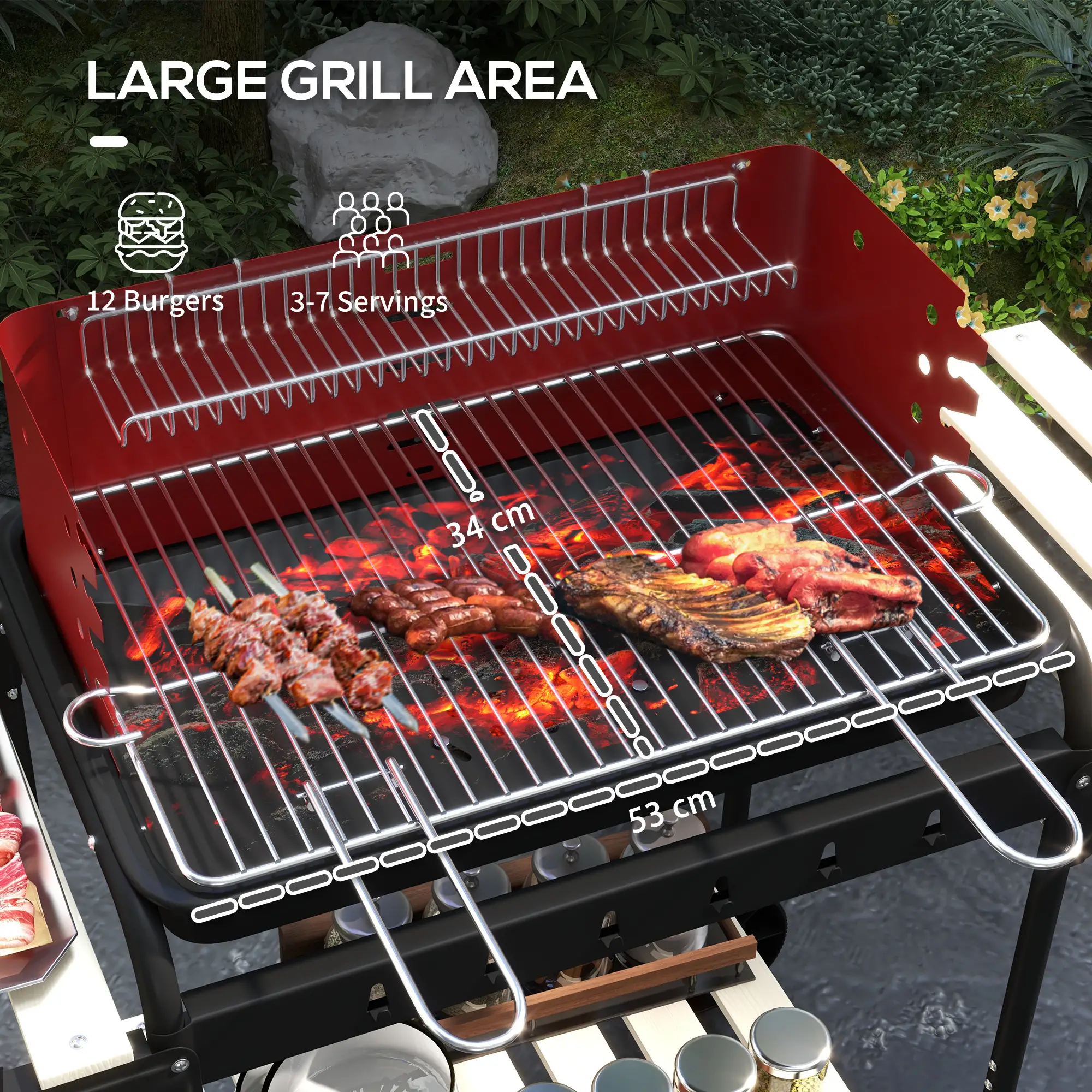 Charcoal Barbecue Grill, Adjustable Height, Portable BBQ Trolley, Red - Image 4