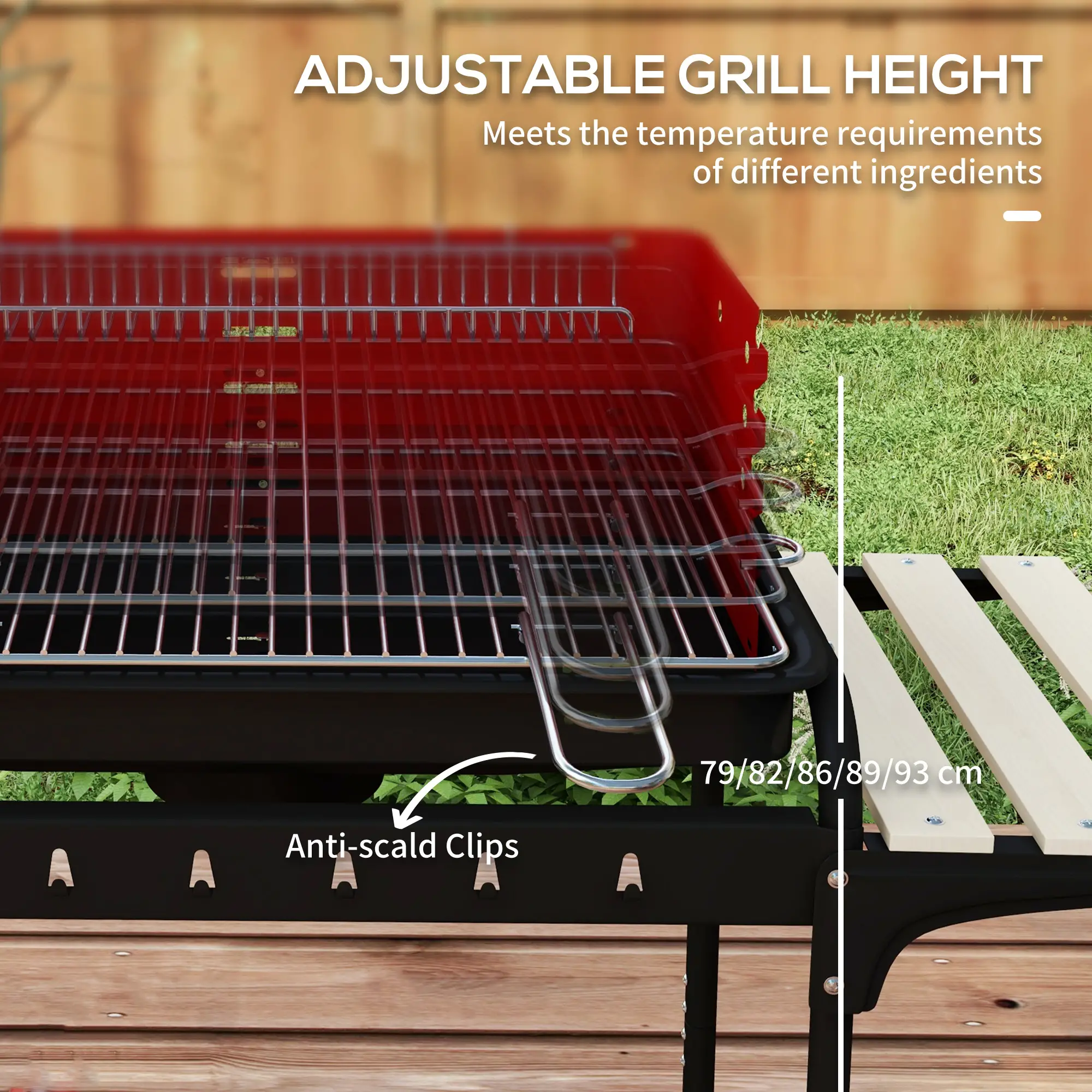 Charcoal Barbecue Grill, Adjustable Height, Portable BBQ Trolley, Red - Image 5