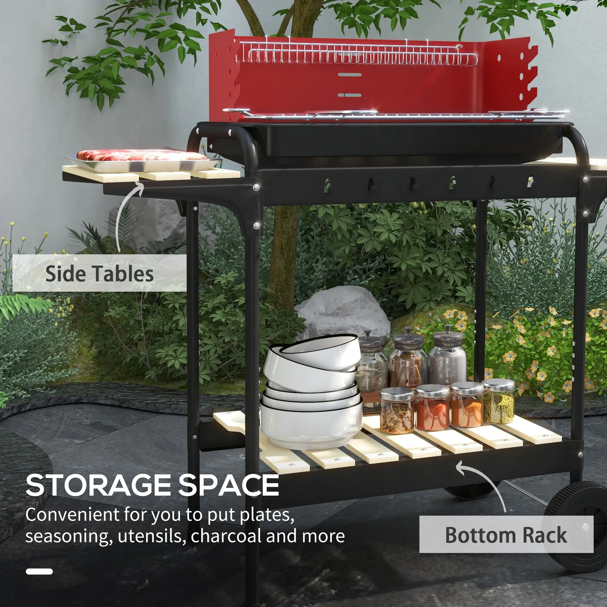Charcoal Barbecue Grill, Adjustable Height, Portable BBQ Trolley, Red - Image 6