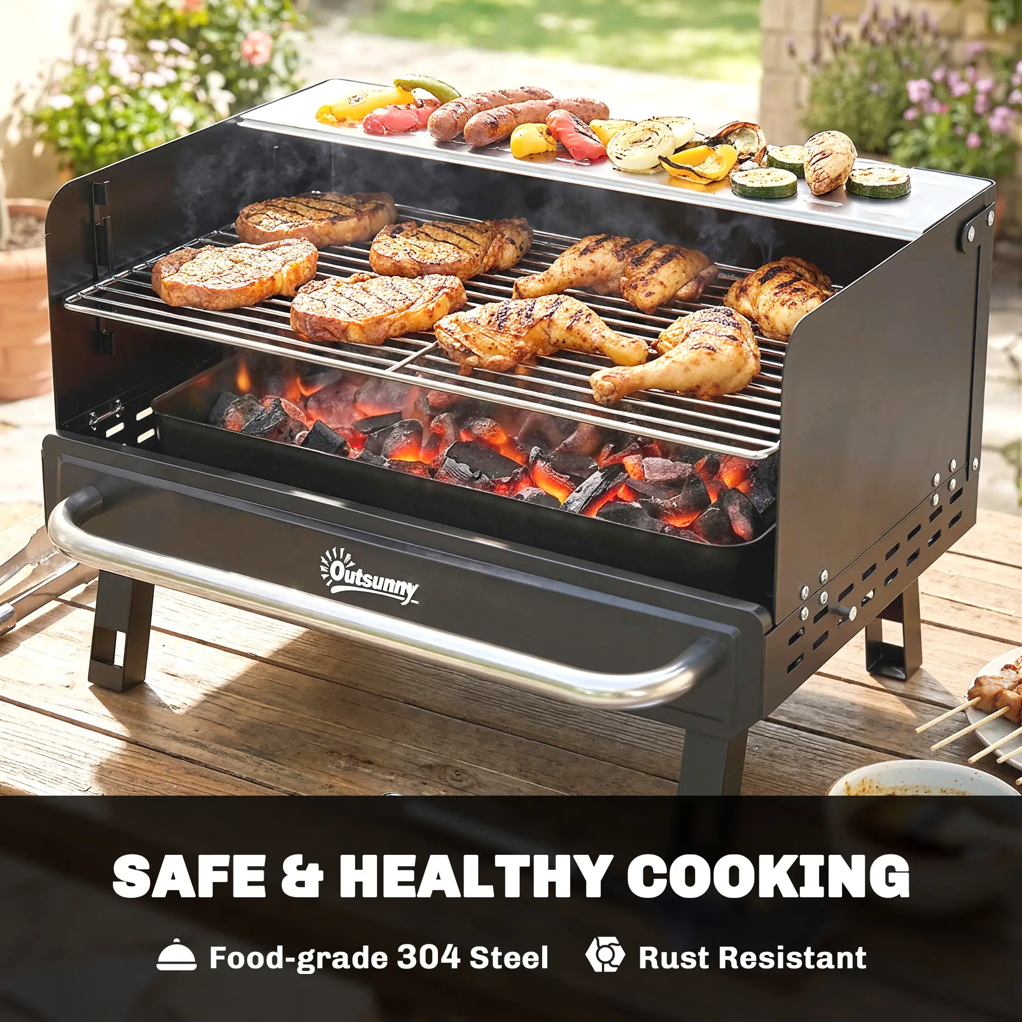 Charcoal BBQ Grill, Portable with Adjustable Grates, Foldable Legs, Black - Image 6