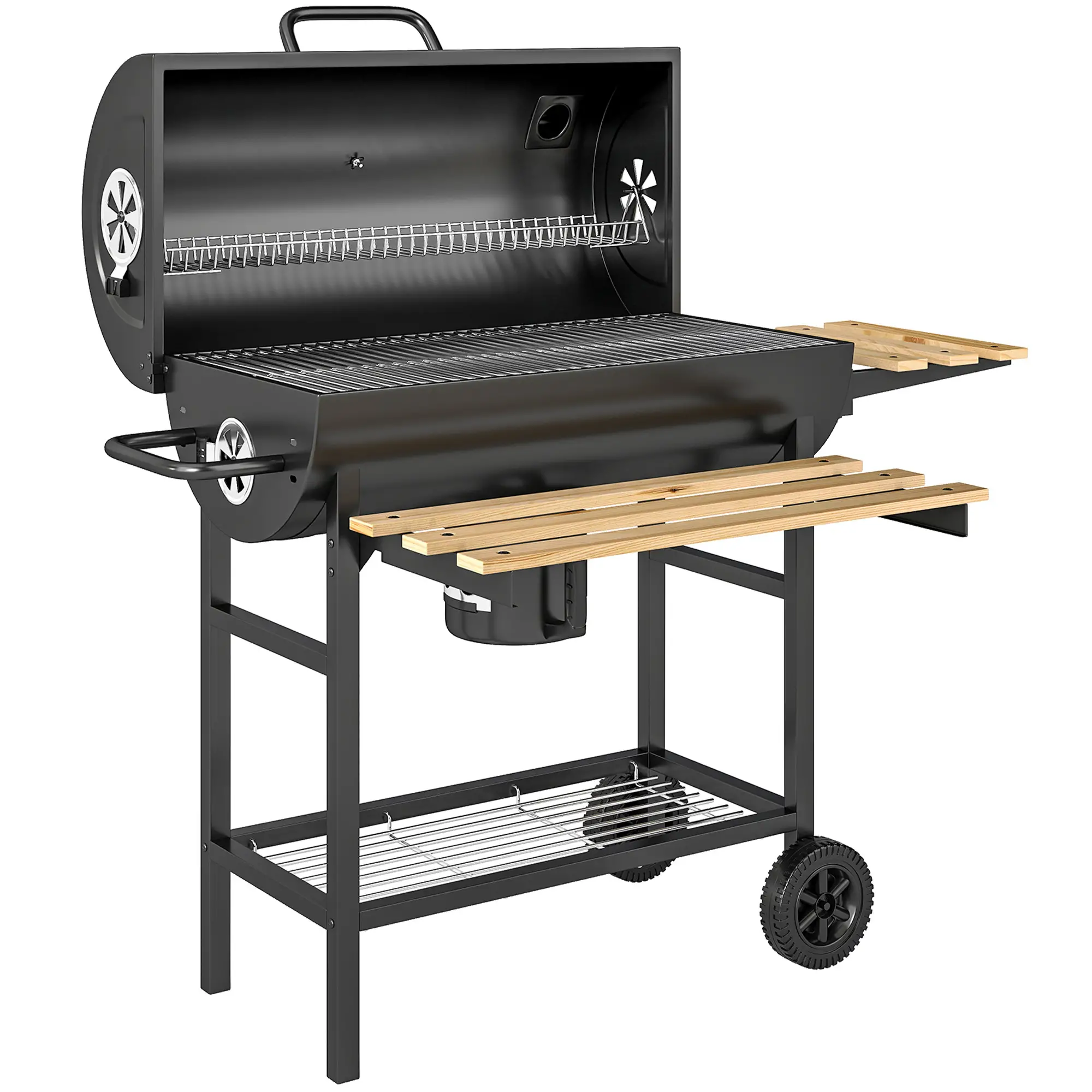 Charcoal BBQ Grill With Foldable Shelves, Warming Rack, Thermometer, Wheels