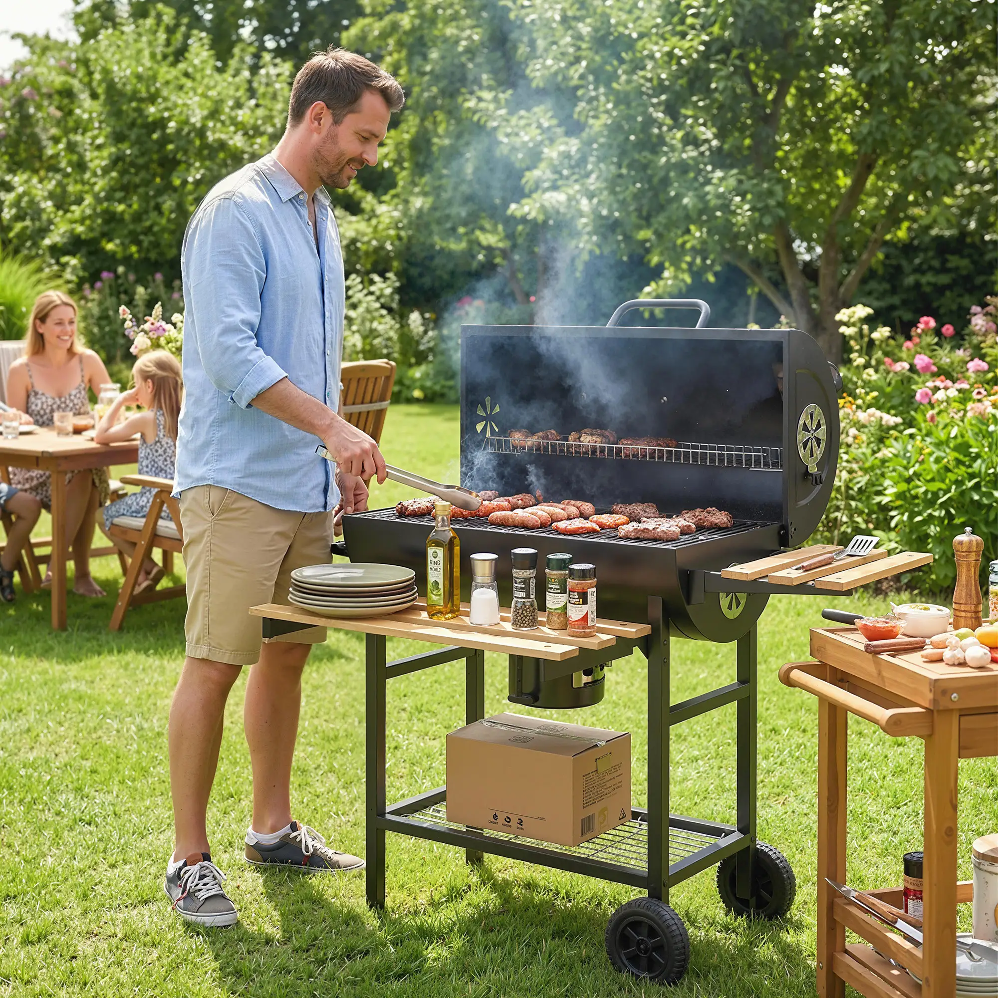 Charcoal BBQ Grill With Foldable Shelves, Warming Rack, Thermometer, Wheels - Image 10