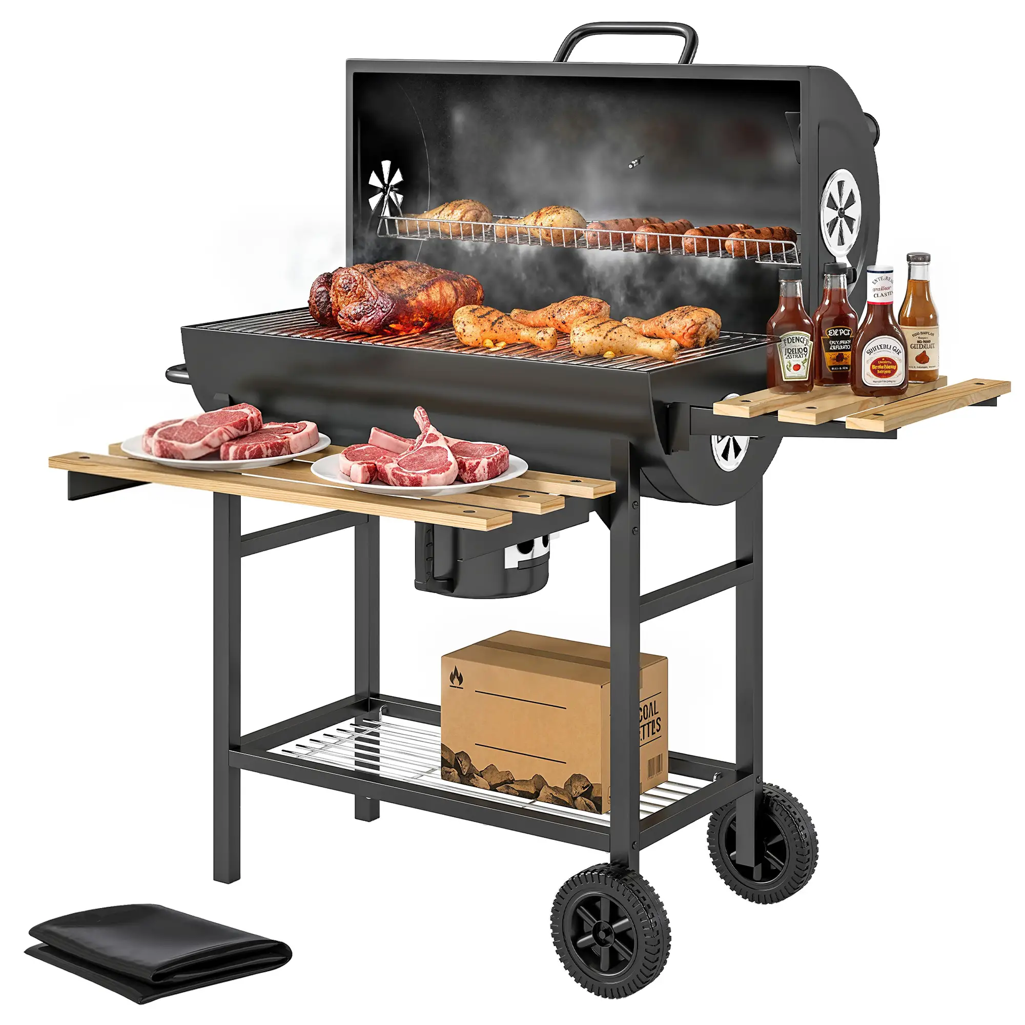 Charcoal BBQ Grill With Foldable Shelves, Warming Rack, Thermometer, Wheels - Image 11