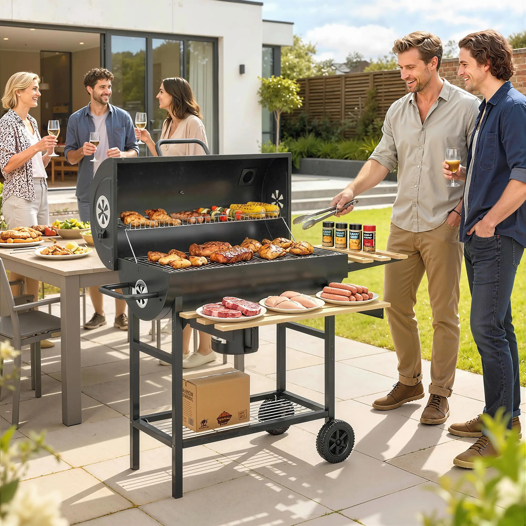 Charcoal BBQ Grill With Foldable Shelves, Warming Rack, Thermometer, Wheels - Image 2