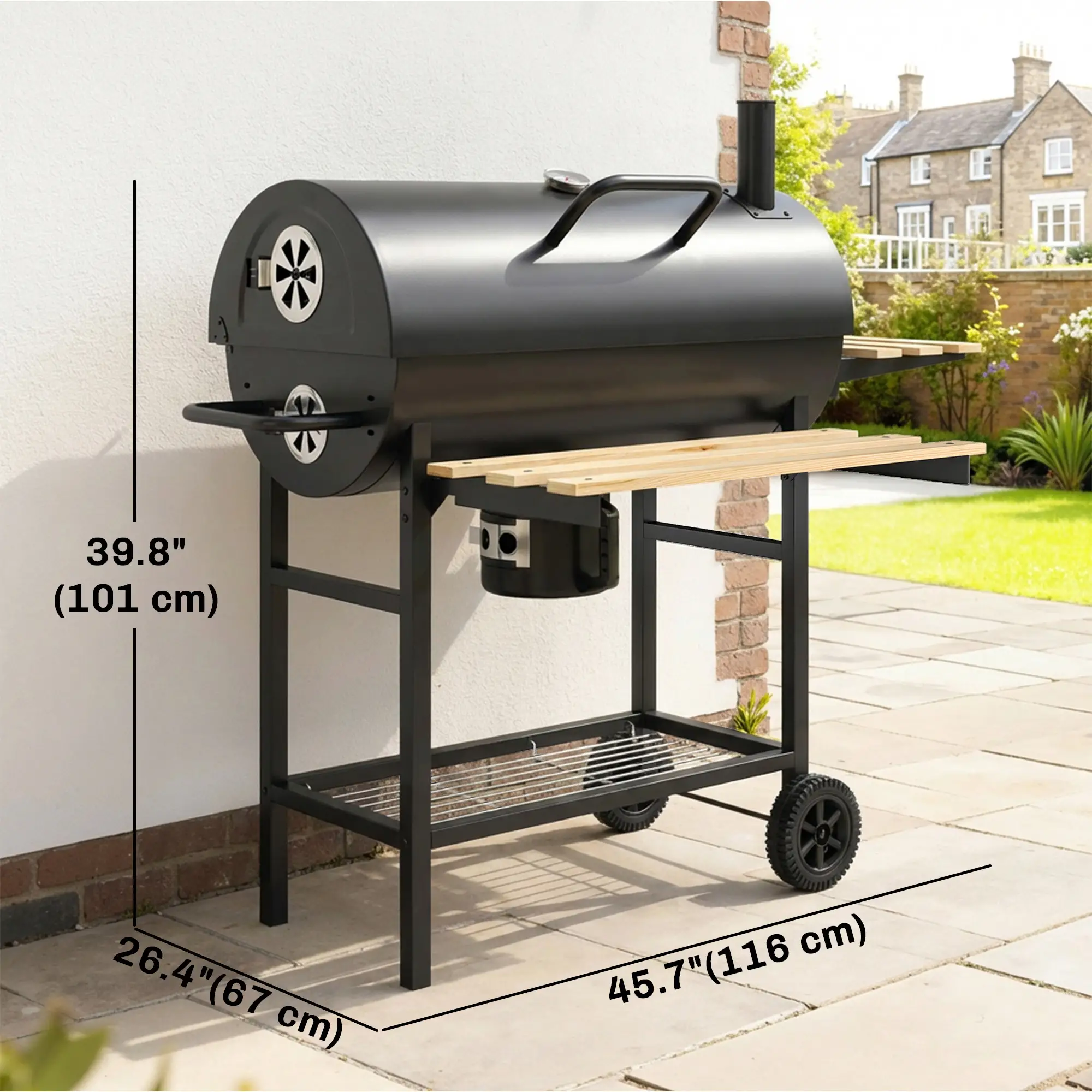 Charcoal BBQ Grill With Foldable Shelves, Warming Rack, Thermometer, Wheels - Image 3