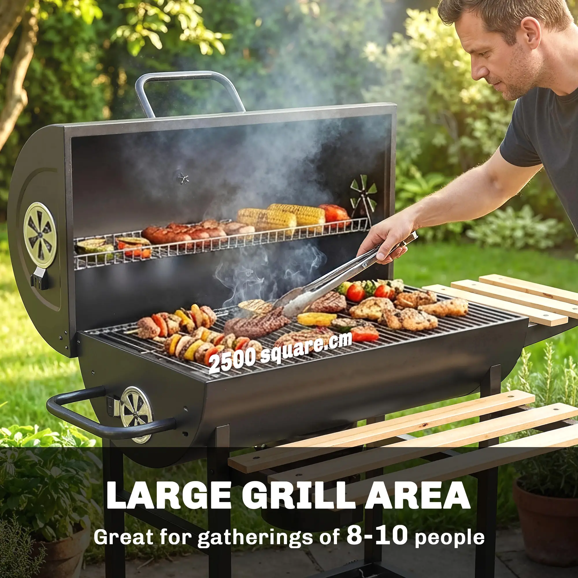 Charcoal BBQ Grill With Foldable Shelves, Warming Rack, Thermometer, Wheels - Image 4