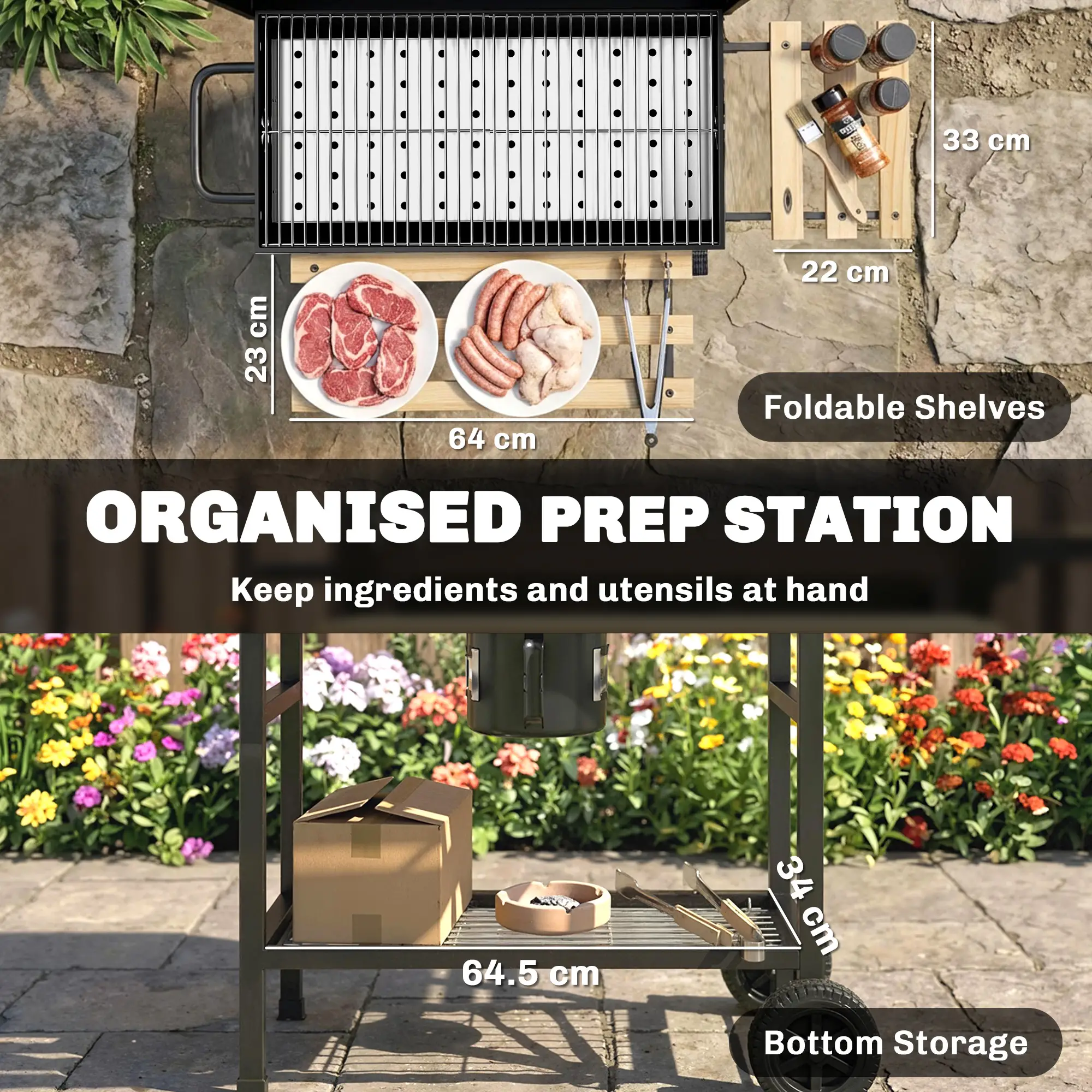 Charcoal BBQ Grill With Foldable Shelves, Warming Rack, Thermometer, Wheels - Image 6