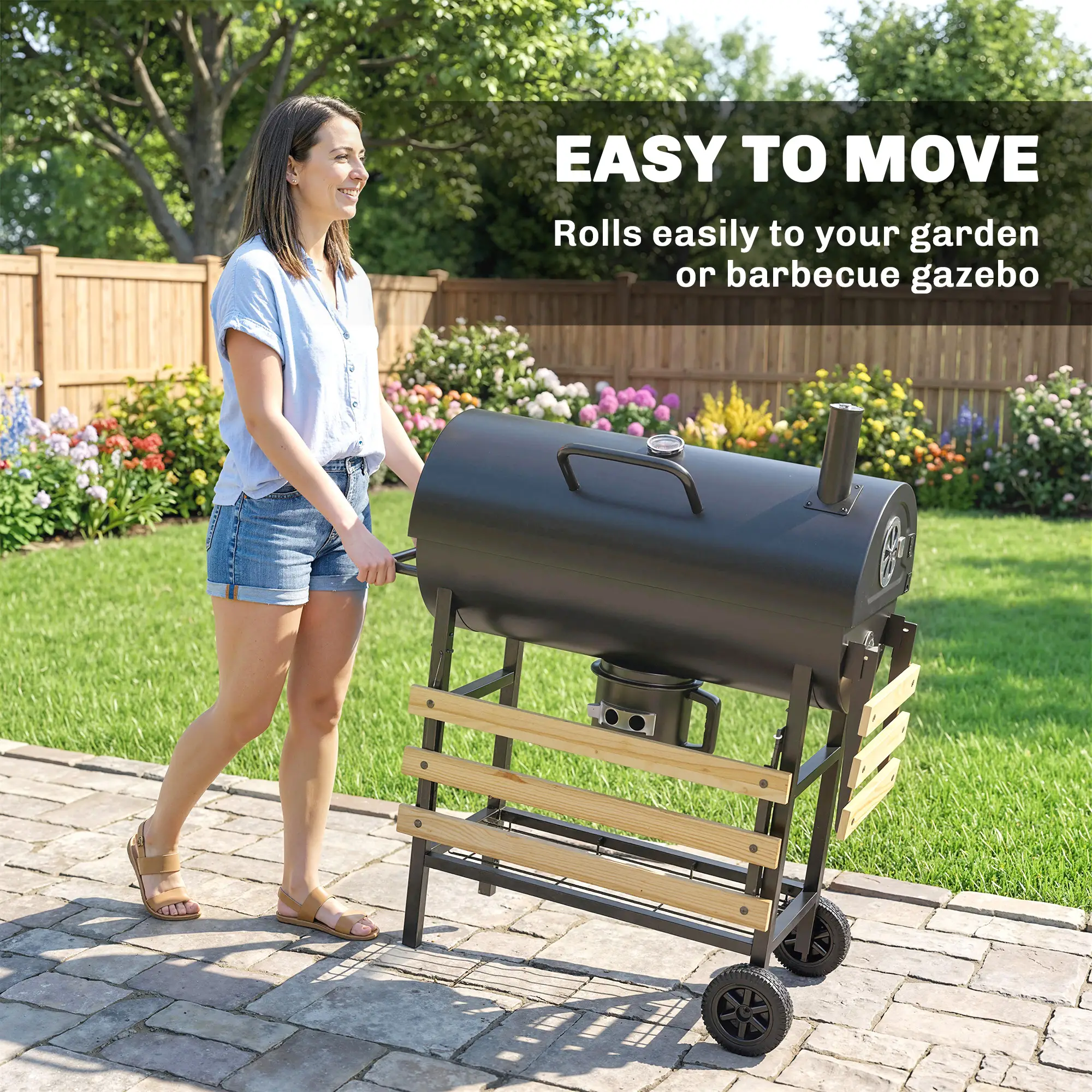 Charcoal BBQ Grill With Foldable Shelves, Warming Rack, Thermometer, Wheels - Image 7