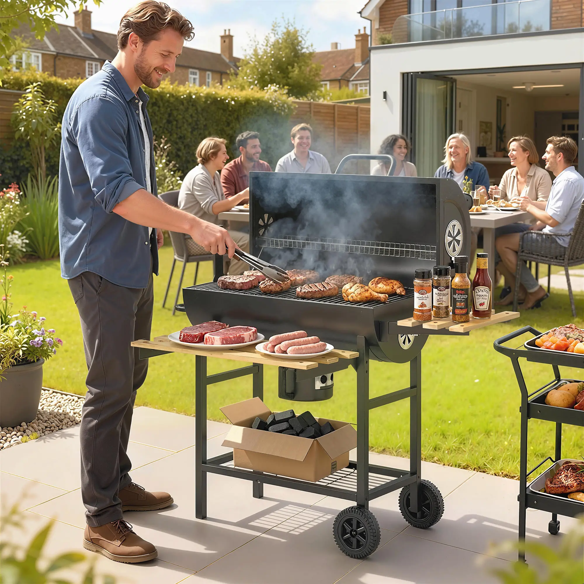 Charcoal BBQ Grill With Foldable Shelves, Warming Rack, Thermometer, Wheels - Image 8