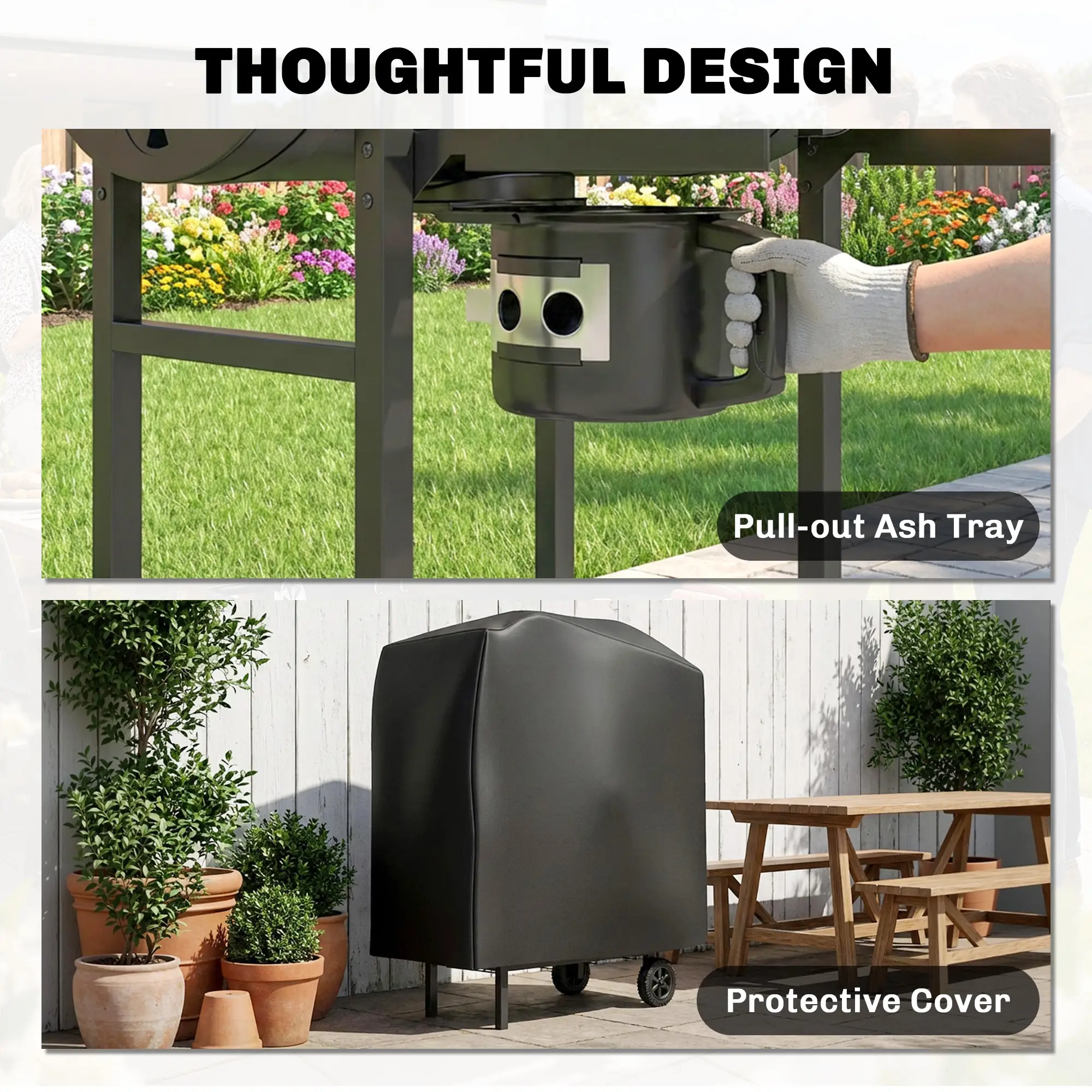 Charcoal BBQ Grill With Foldable Shelves, Warming Rack, Thermometer, Wheels - Image 9