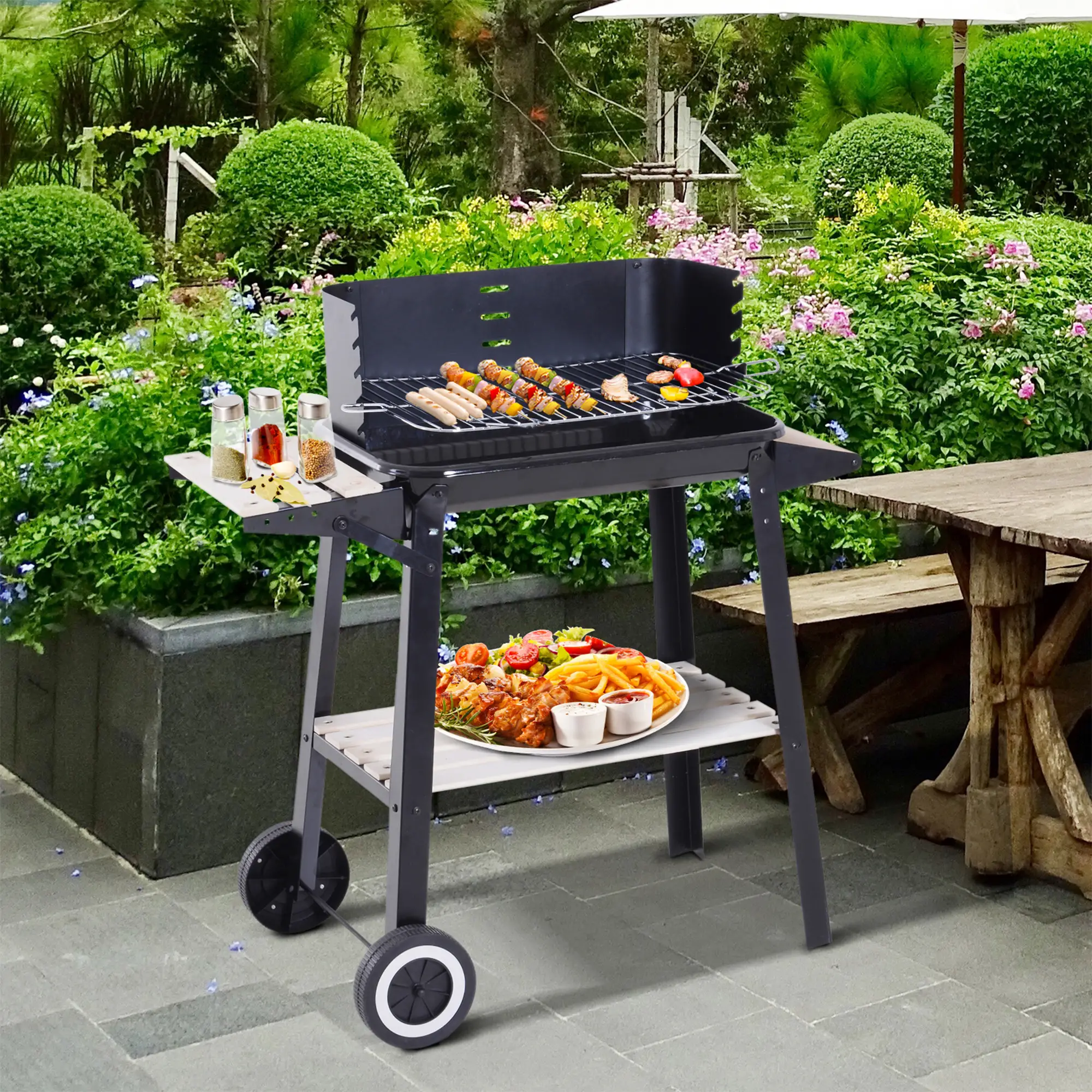 Charcoal BBQ Grill With Side Trays, Storage Shelf, Wheels - Image 2
