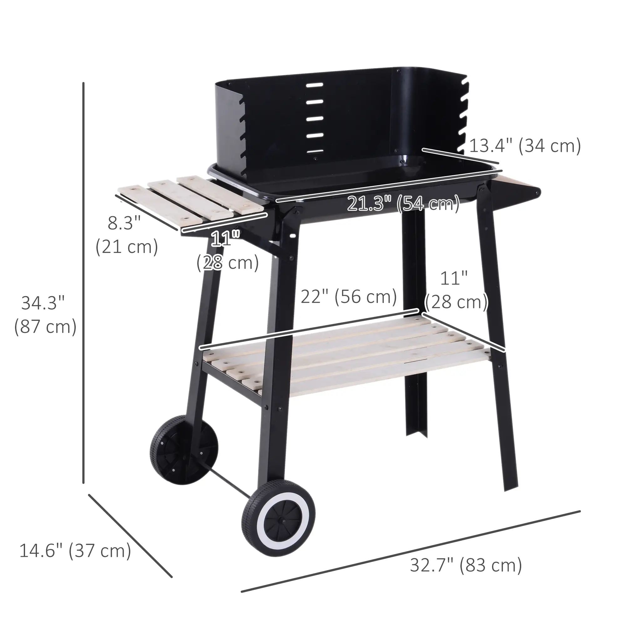 Charcoal BBQ Grill With Side Trays, Storage Shelf, Wheels - Image 3