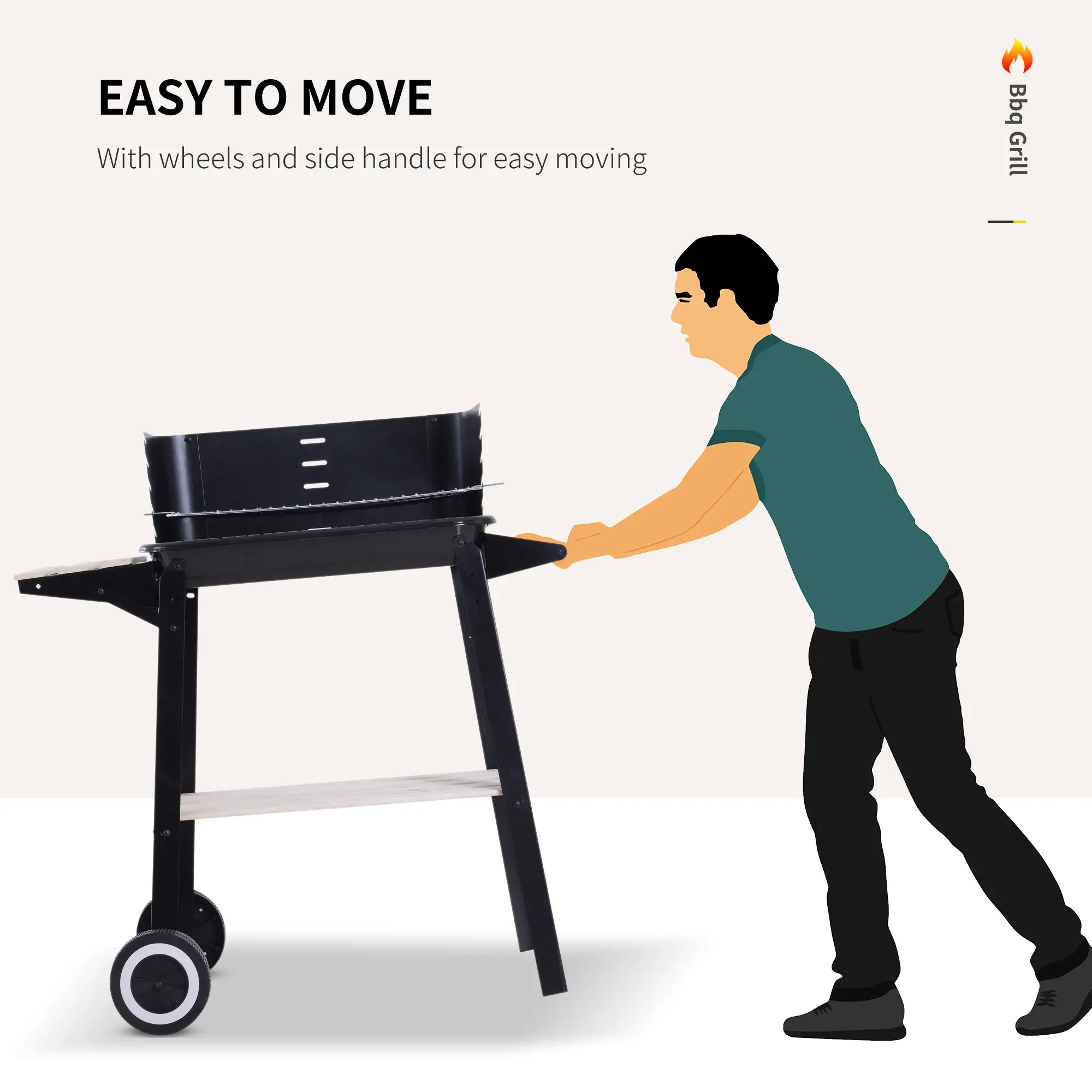 Charcoal BBQ Grill With Side Trays, Storage Shelf, Wheels - Image 4