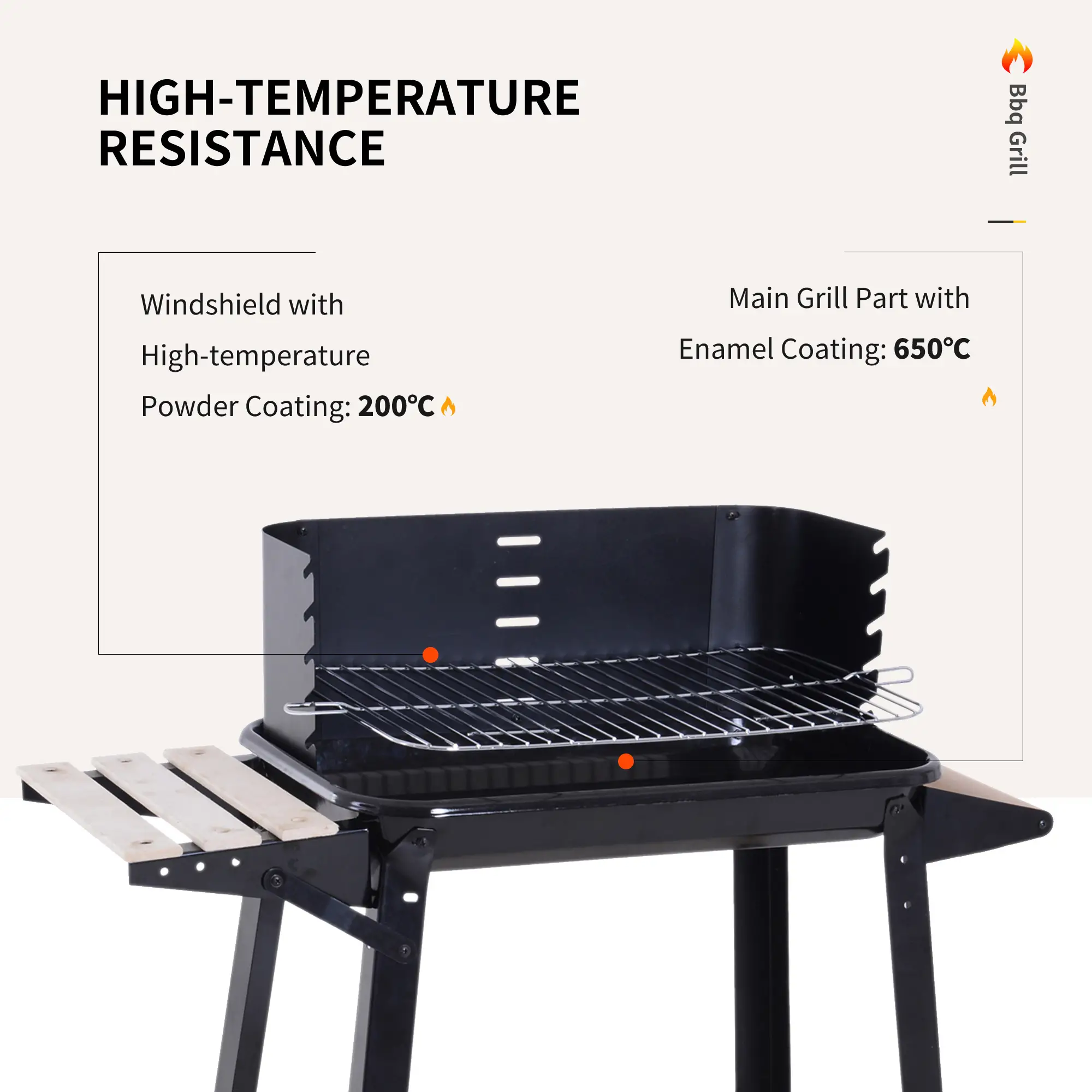 Charcoal BBQ Grill With Side Trays, Storage Shelf, Wheels - Image 5