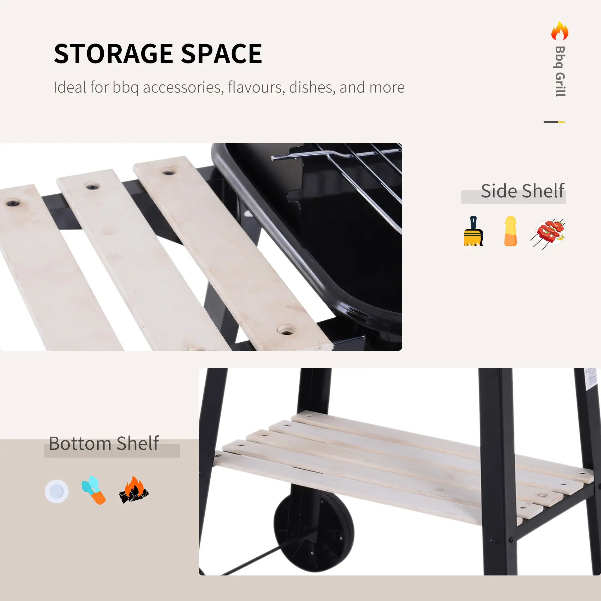 Charcoal BBQ Grill With Side Trays, Storage Shelf, Wheels - Image 6