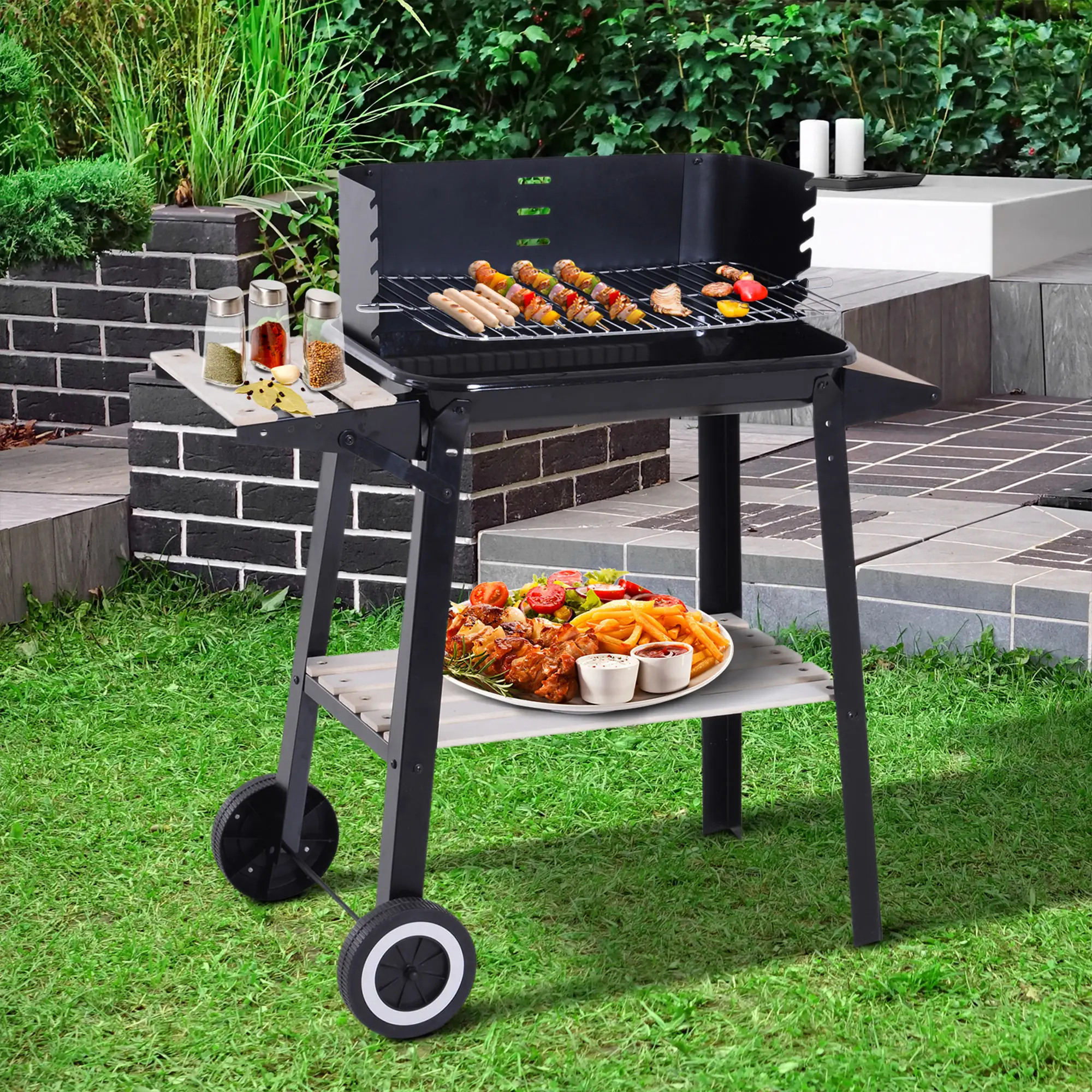 Charcoal BBQ Grill With Side Trays, Storage Shelf, Wheels - Image 8