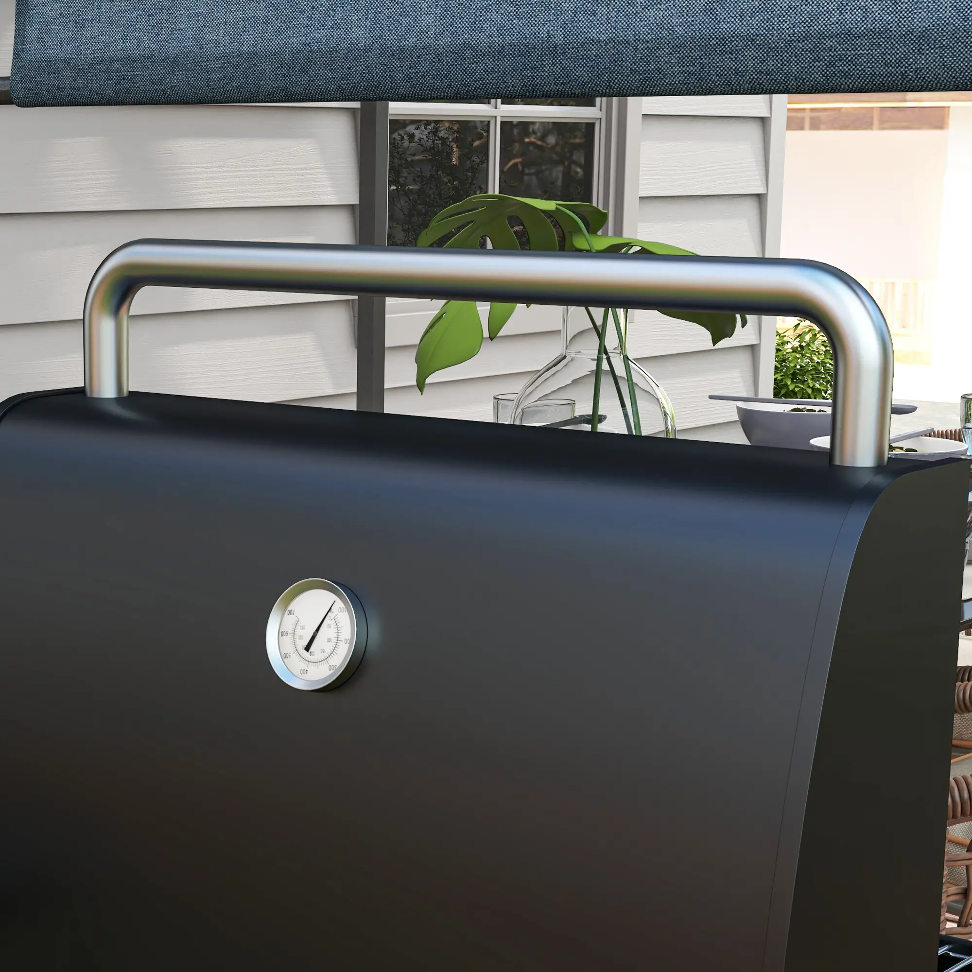 Charcoal BBQ Grill With Thermometer, Shelves, Wheels, Black - Image 10