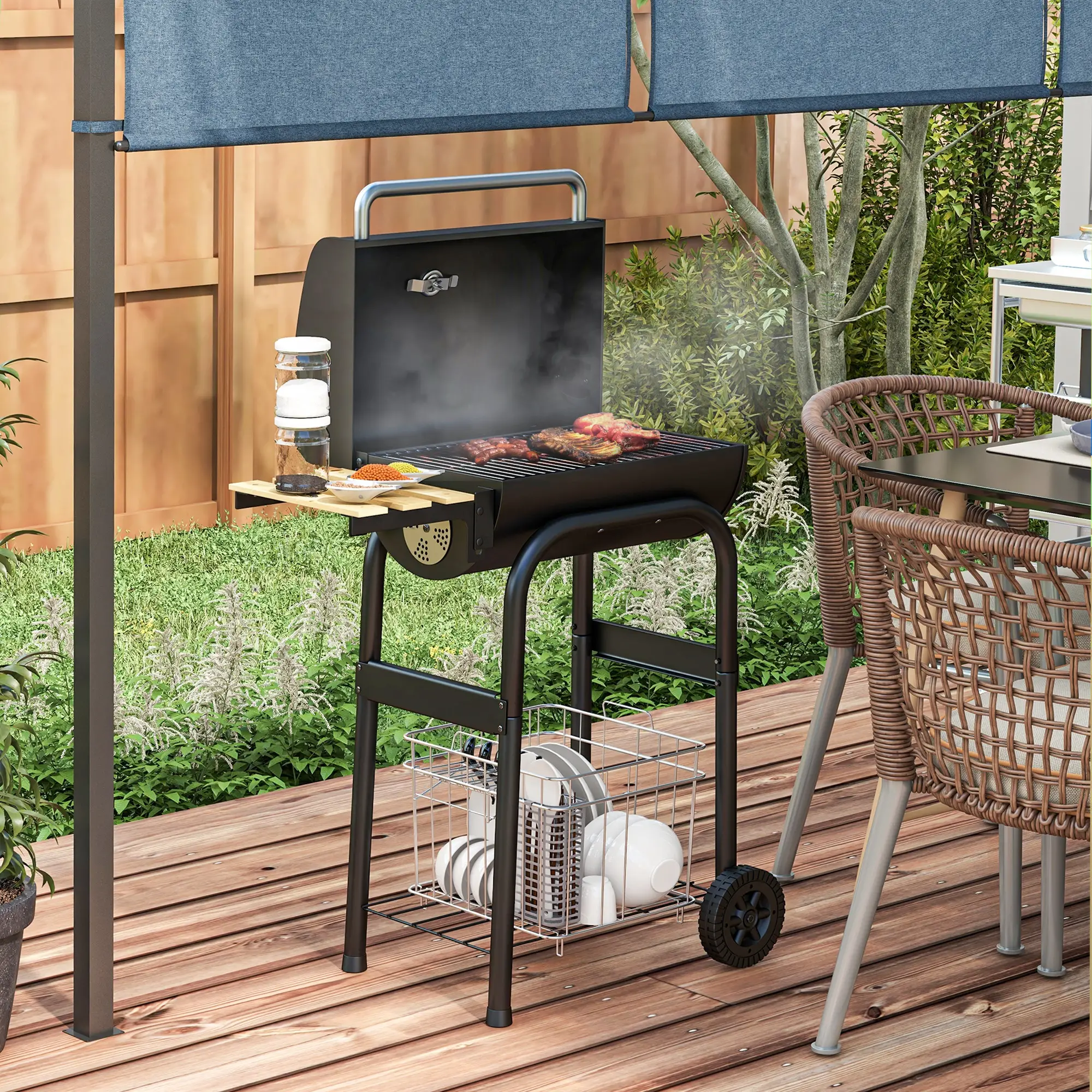 Charcoal BBQ Grill With Thermometer, Shelves, Wheels, Black - Image 2