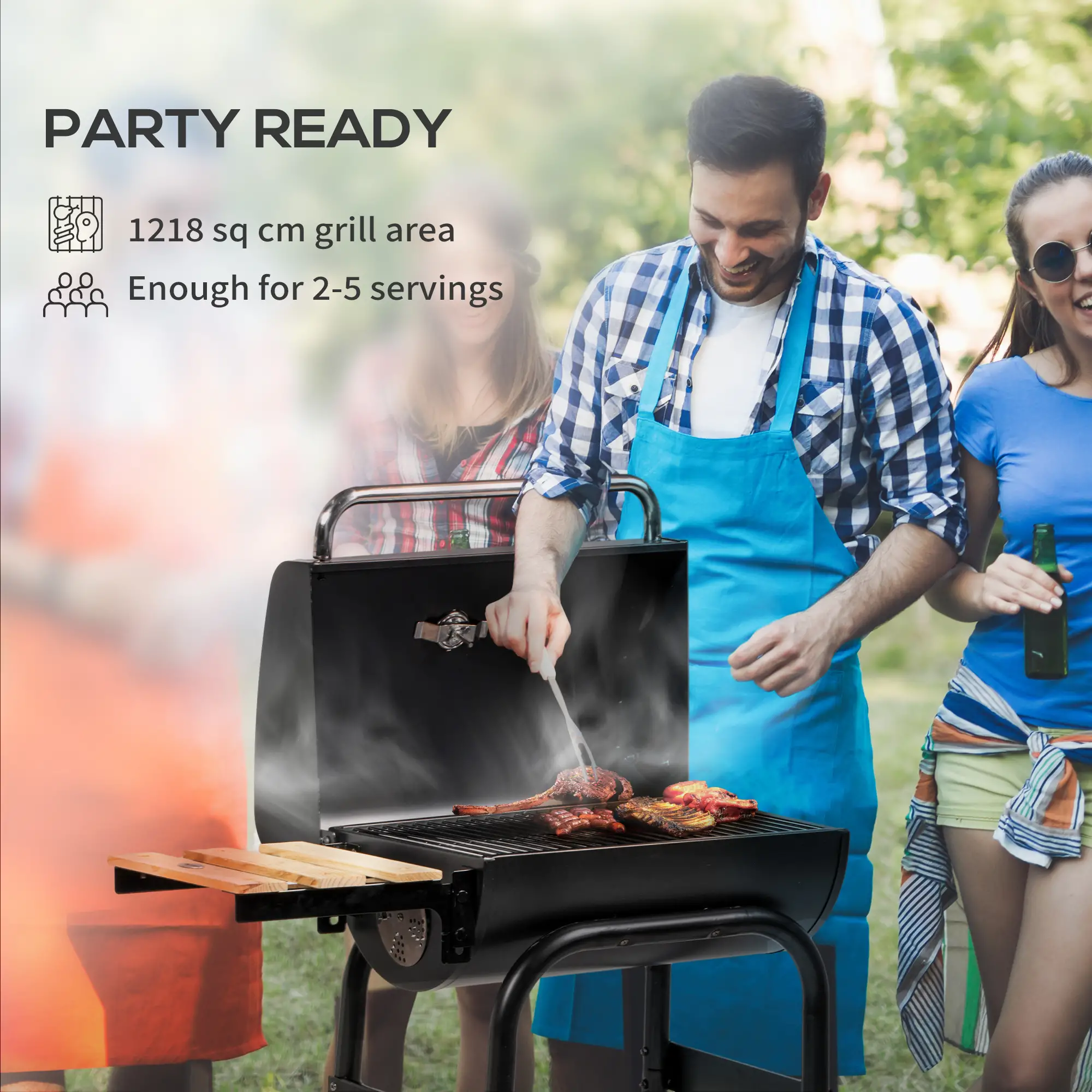 Charcoal BBQ Grill With Thermometer, Shelves, Wheels, Black - Image 4