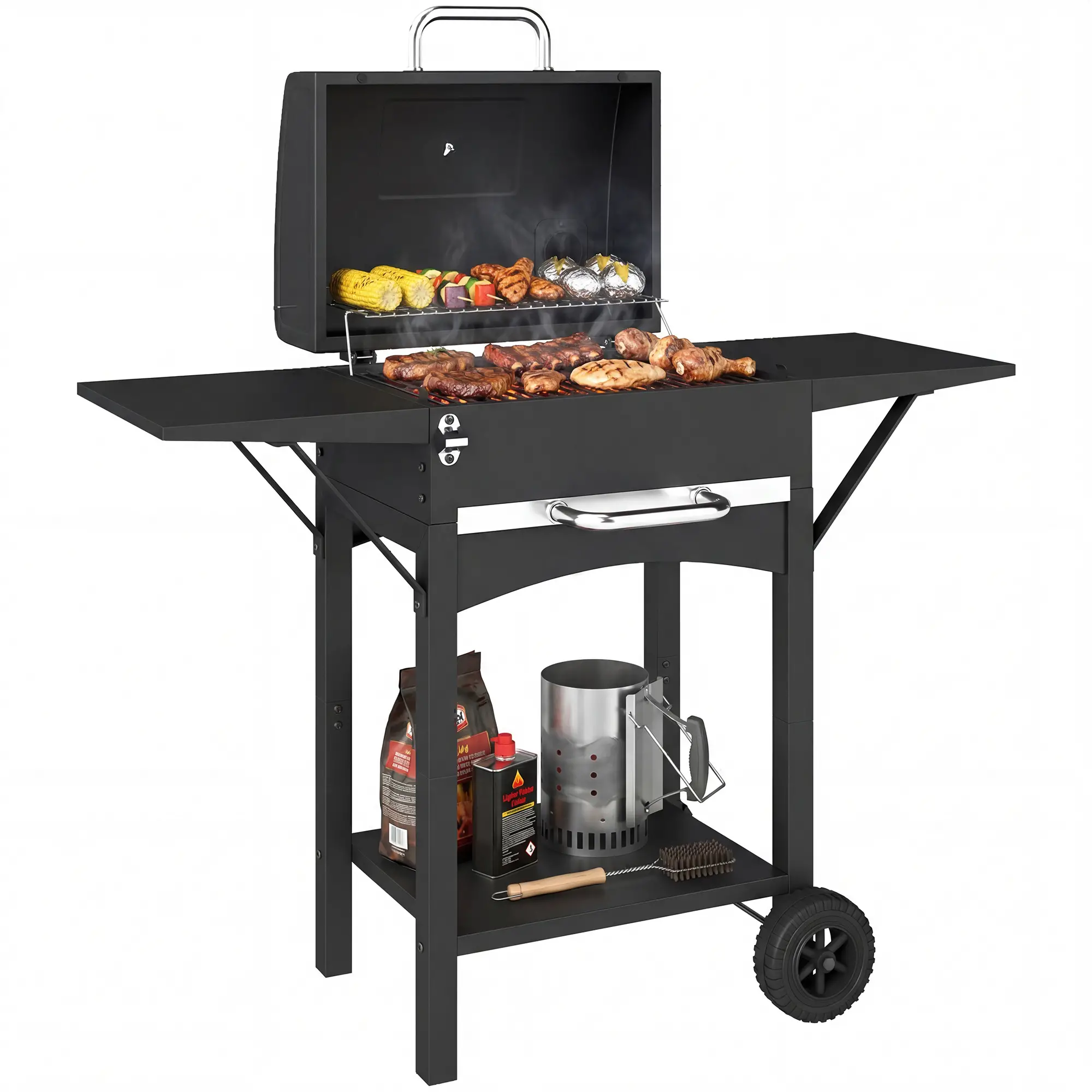 Charcoal Grill With Side Tables, Barbecue Smoker With Thermometer, 43.3"x18.3"x39.8", Black - Image 11
