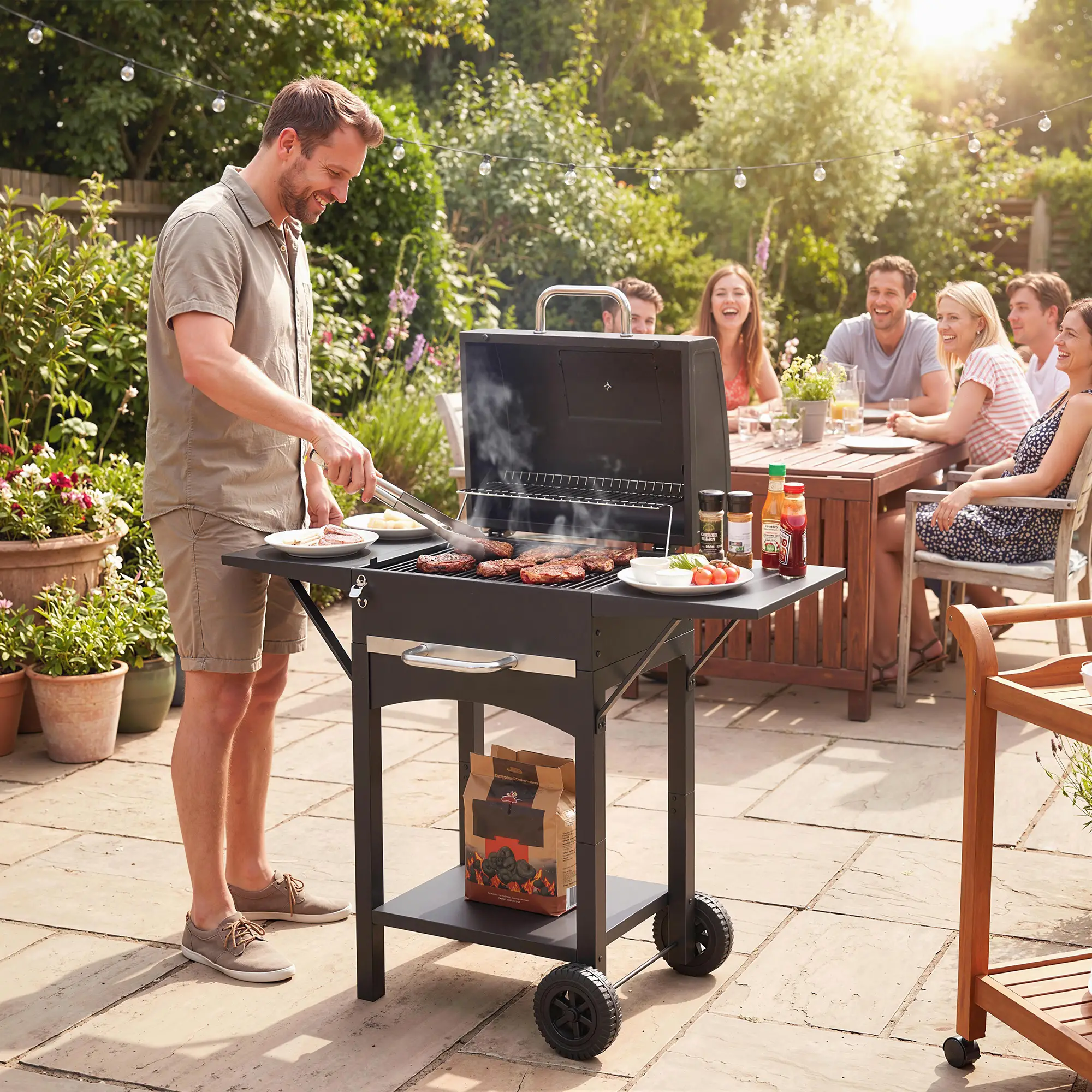Charcoal Grill With Side Tables, Barbecue Smoker With Thermometer, 43.3"x18.3"x39.8", Black - Image 2