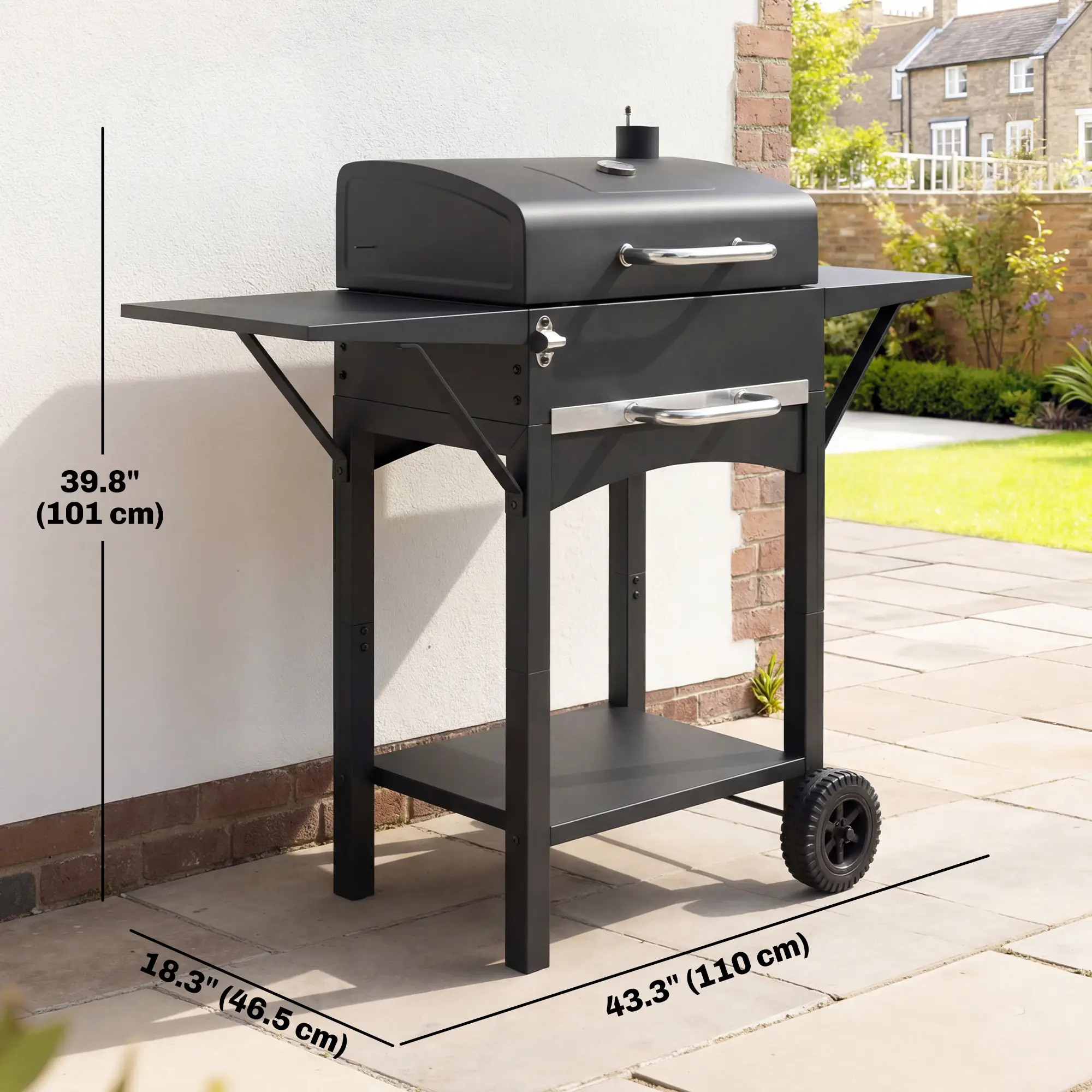 Charcoal Grill With Side Tables, Barbecue Smoker With Thermometer, 43.3"x18.3"x39.8", Black - Image 3