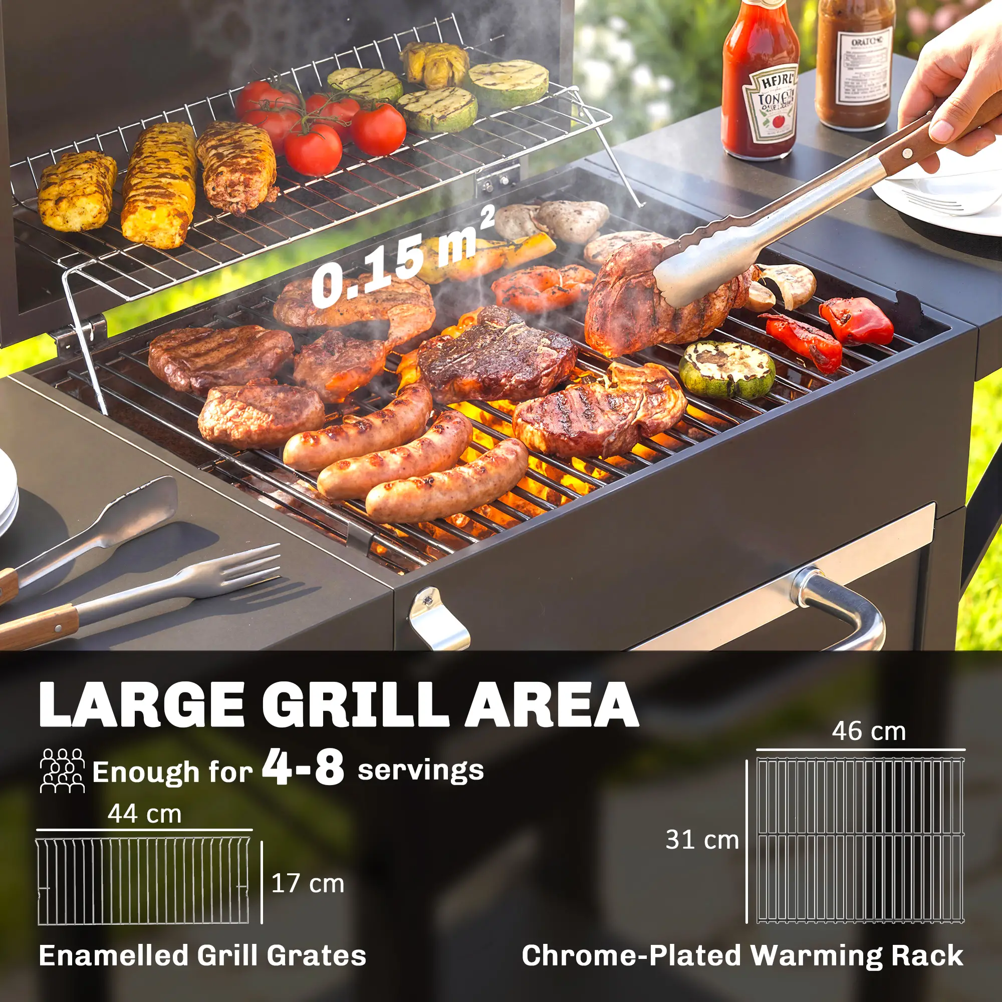 Charcoal Grill With Side Tables, Barbecue Smoker With Thermometer, 43.3"x18.3"x39.8", Black - Image 4