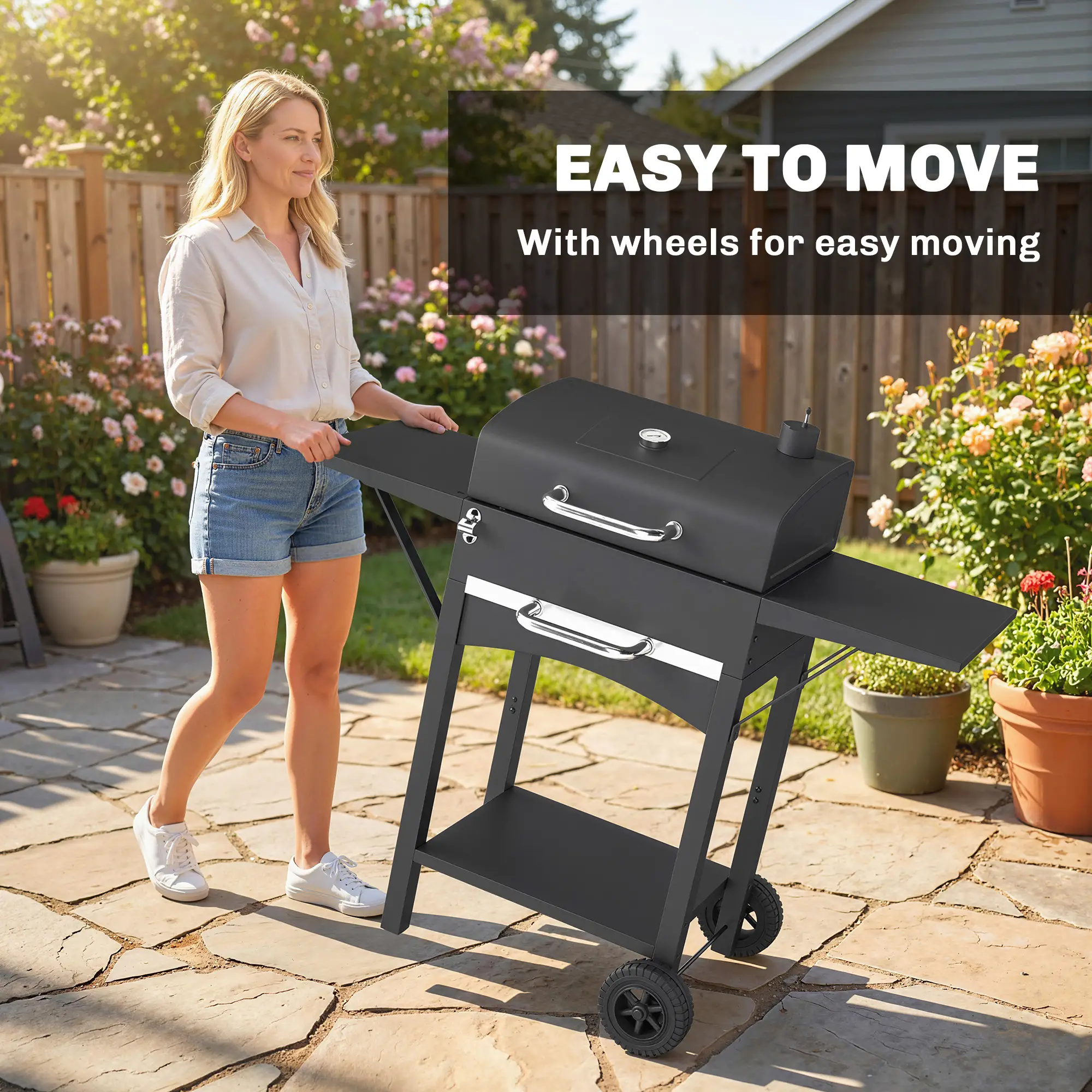 Charcoal Grill With Side Tables, Barbecue Smoker With Thermometer, 43.3"x18.3"x39.8", Black - Image 7