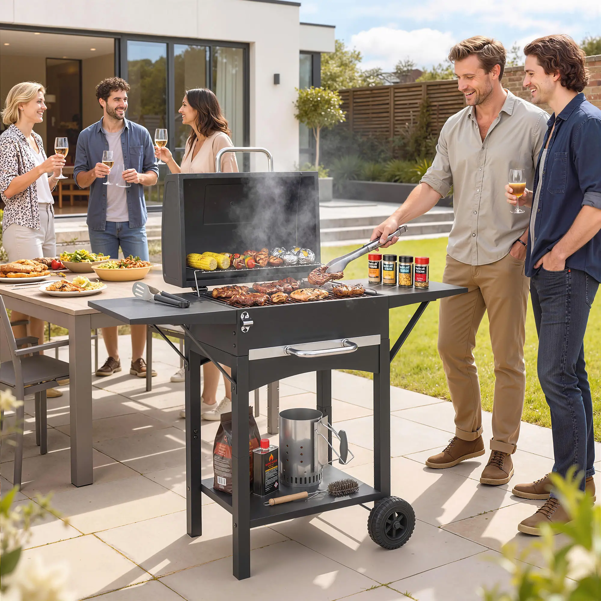 Charcoal Grill With Side Tables, Barbecue Smoker With Thermometer, 43.3"x18.3"x39.8", Black - Image 8