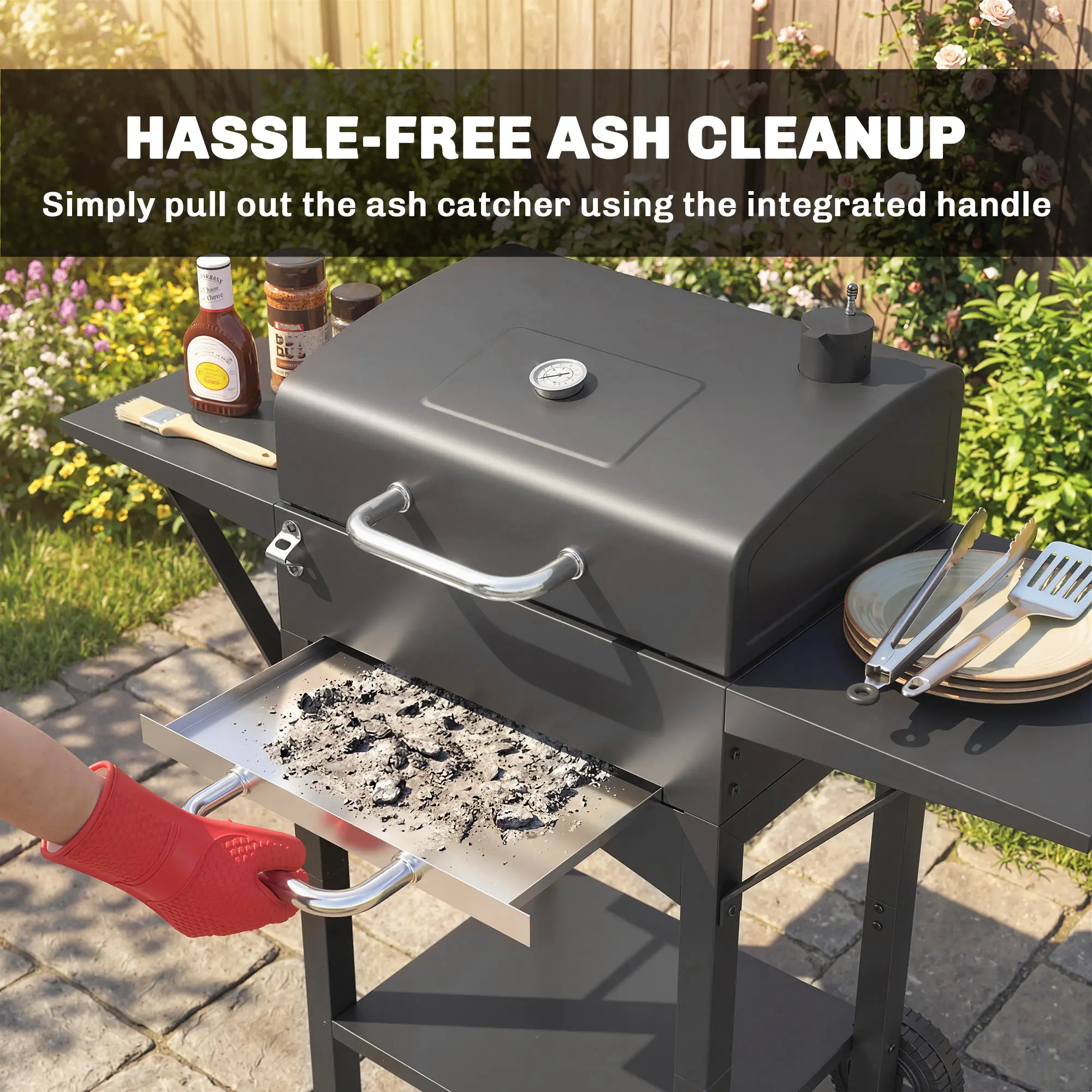Charcoal Grill With Side Tables, Barbecue Smoker With Thermometer, 43.3"x18.3"x39.8", Black - Image 9