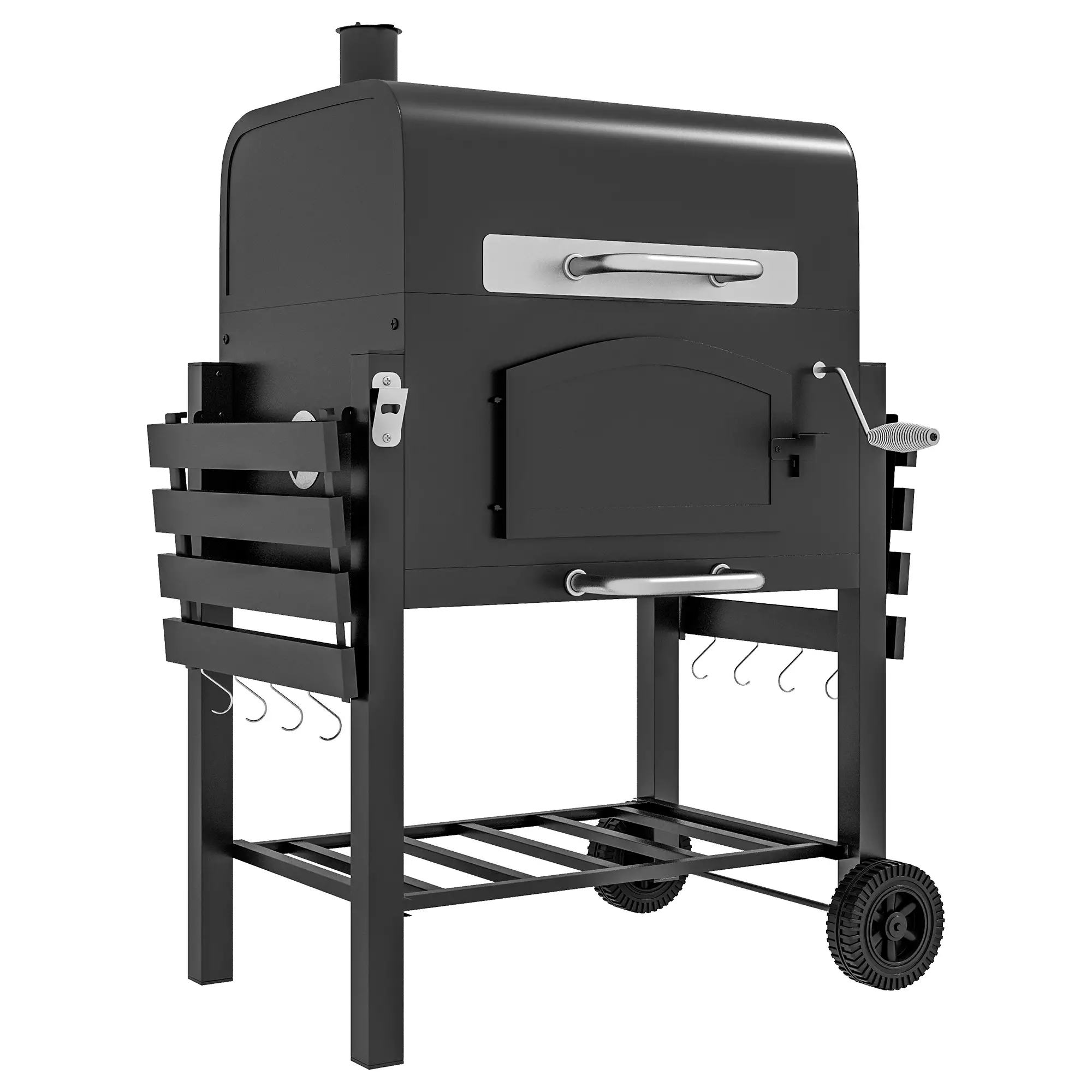 Charcoal Smoker, Adjustable Height, Folding Shelves, Thermometer, Wheels, Black - Image 11