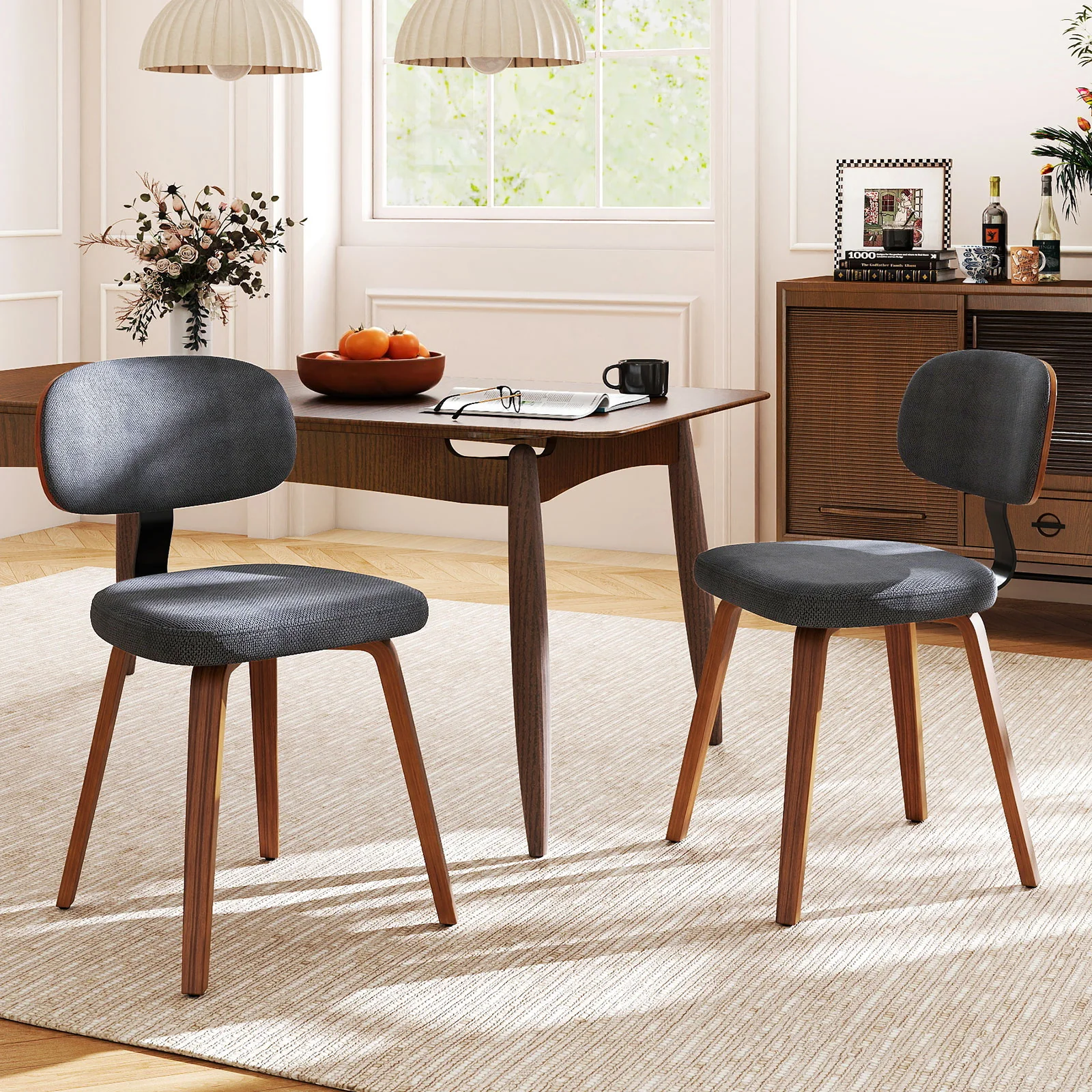 Chenille Fabric Upholstered Wooden Kitchen Chairs Set of 2, Dark Gray - Image 2
