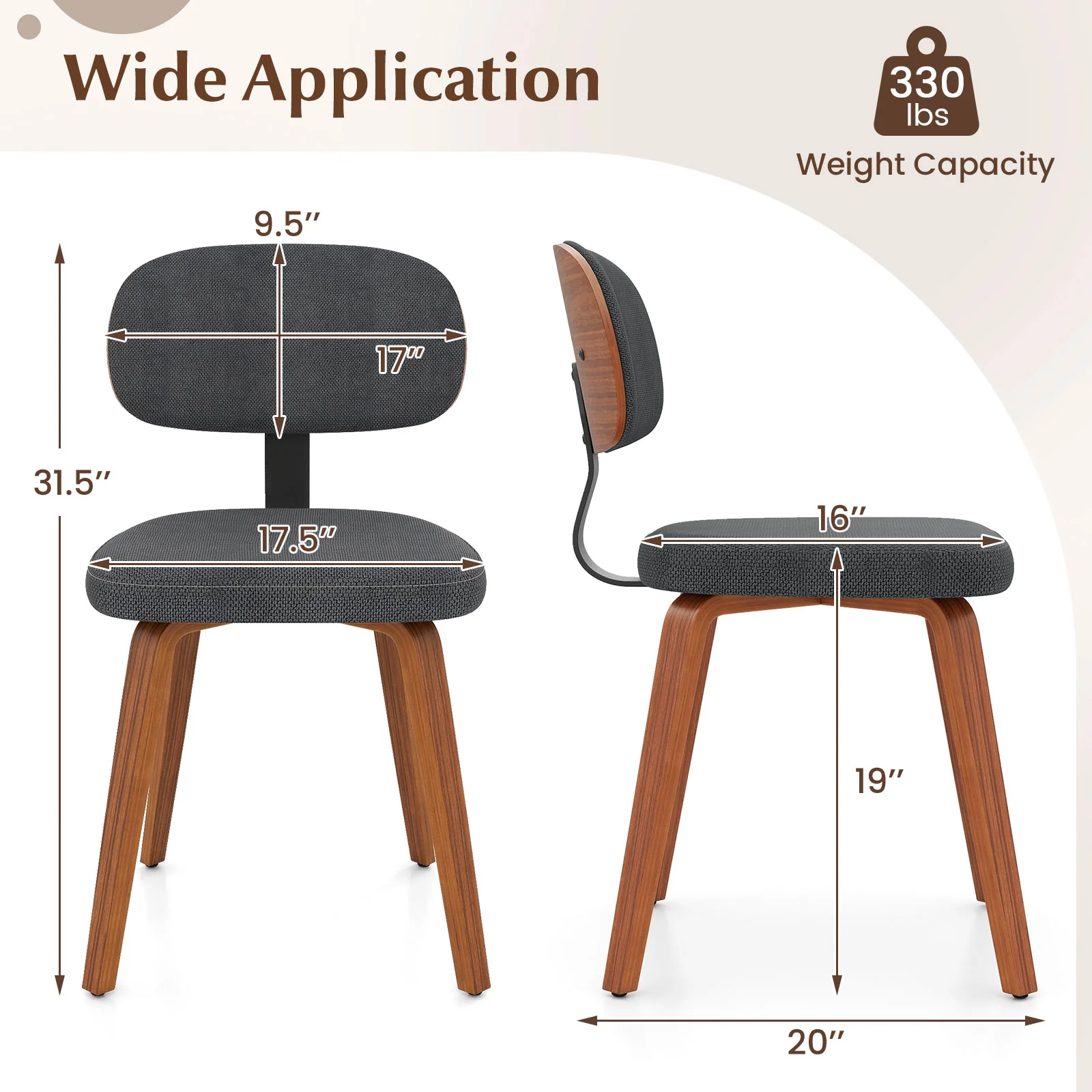Chenille Fabric Upholstered Wooden Kitchen Chairs Set of 2, Dark Gray - Image 4