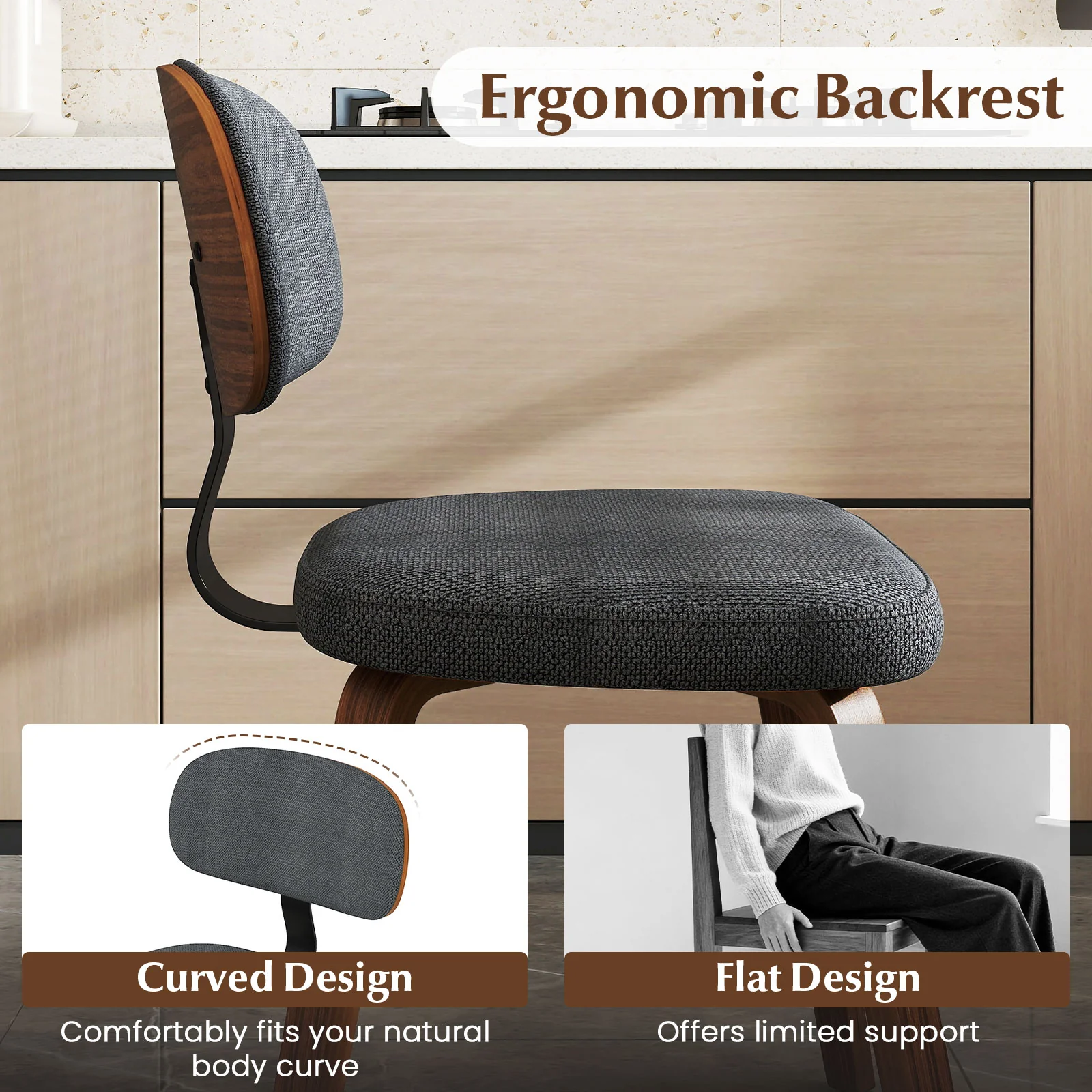Chenille Fabric Upholstered Wooden Kitchen Chairs Set of 2, Dark Gray - Image 5