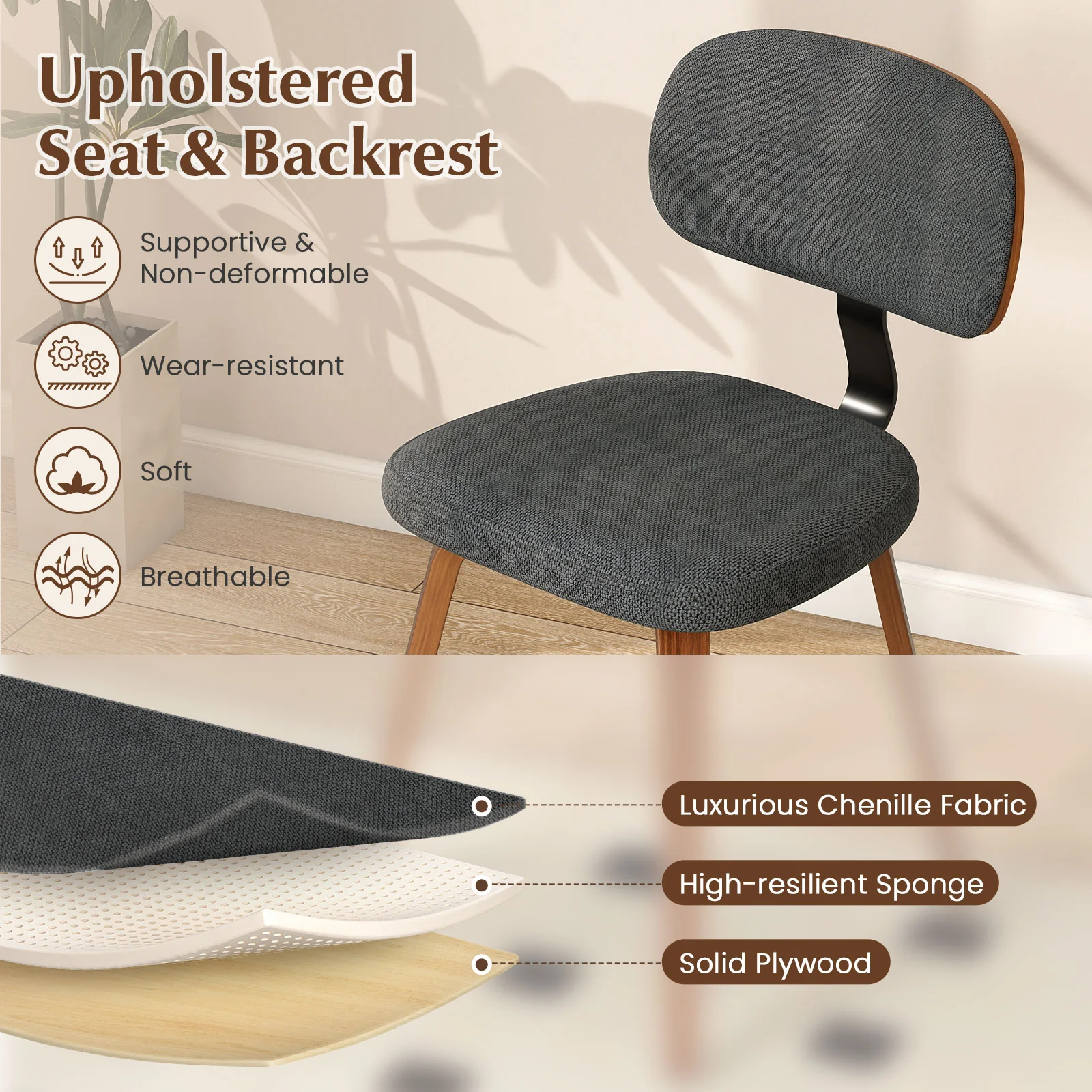 Chenille Fabric Upholstered Wooden Kitchen Chairs Set of 2, Dark Gray - Image 6