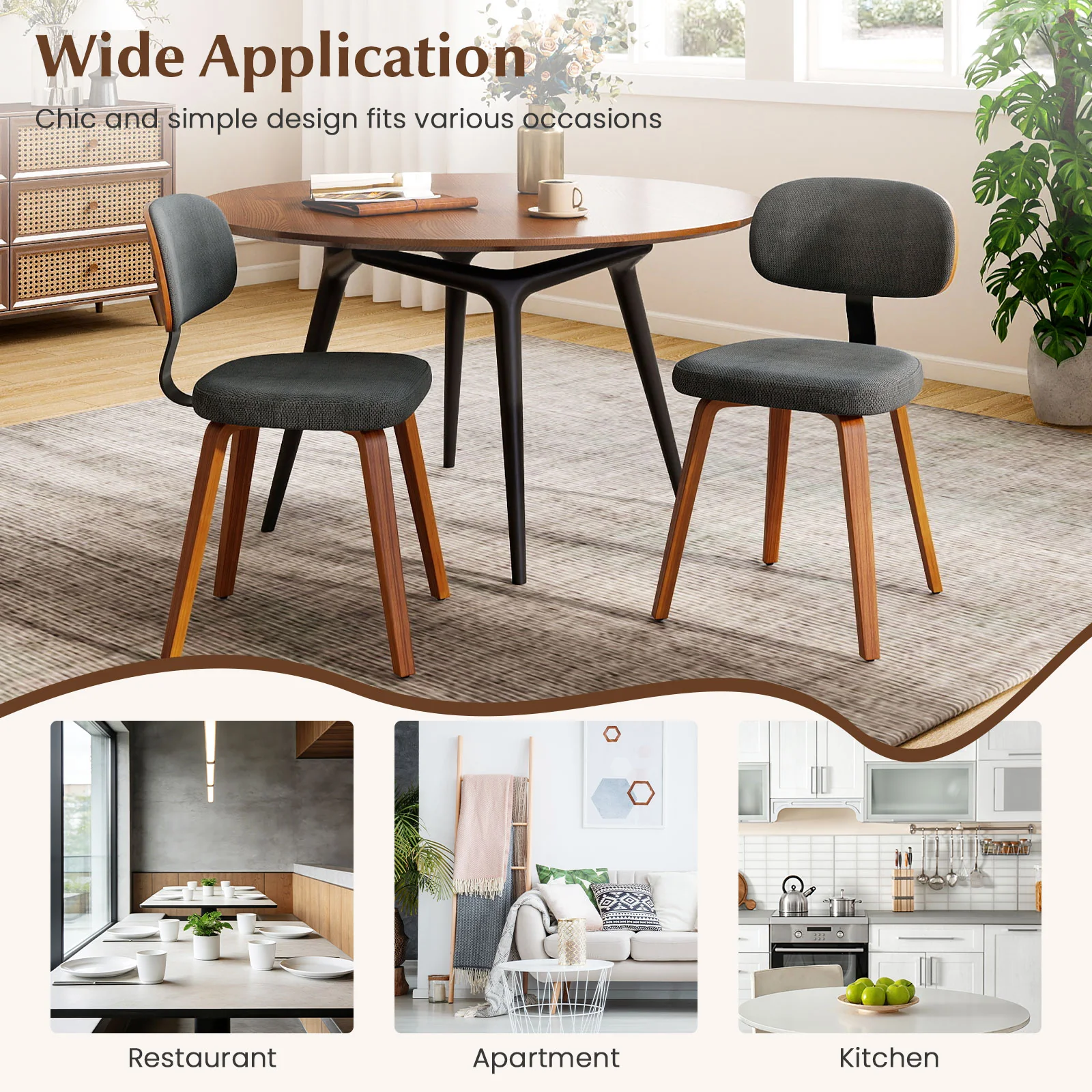 Chenille Fabric Upholstered Wooden Kitchen Chairs Set of 2, Dark Gray - Image 7