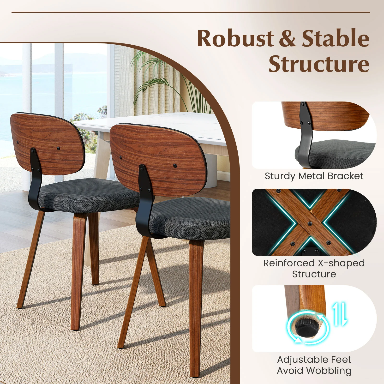 Chenille Fabric Upholstered Wooden Kitchen Chairs Set of 2, Dark Gray - Image 8