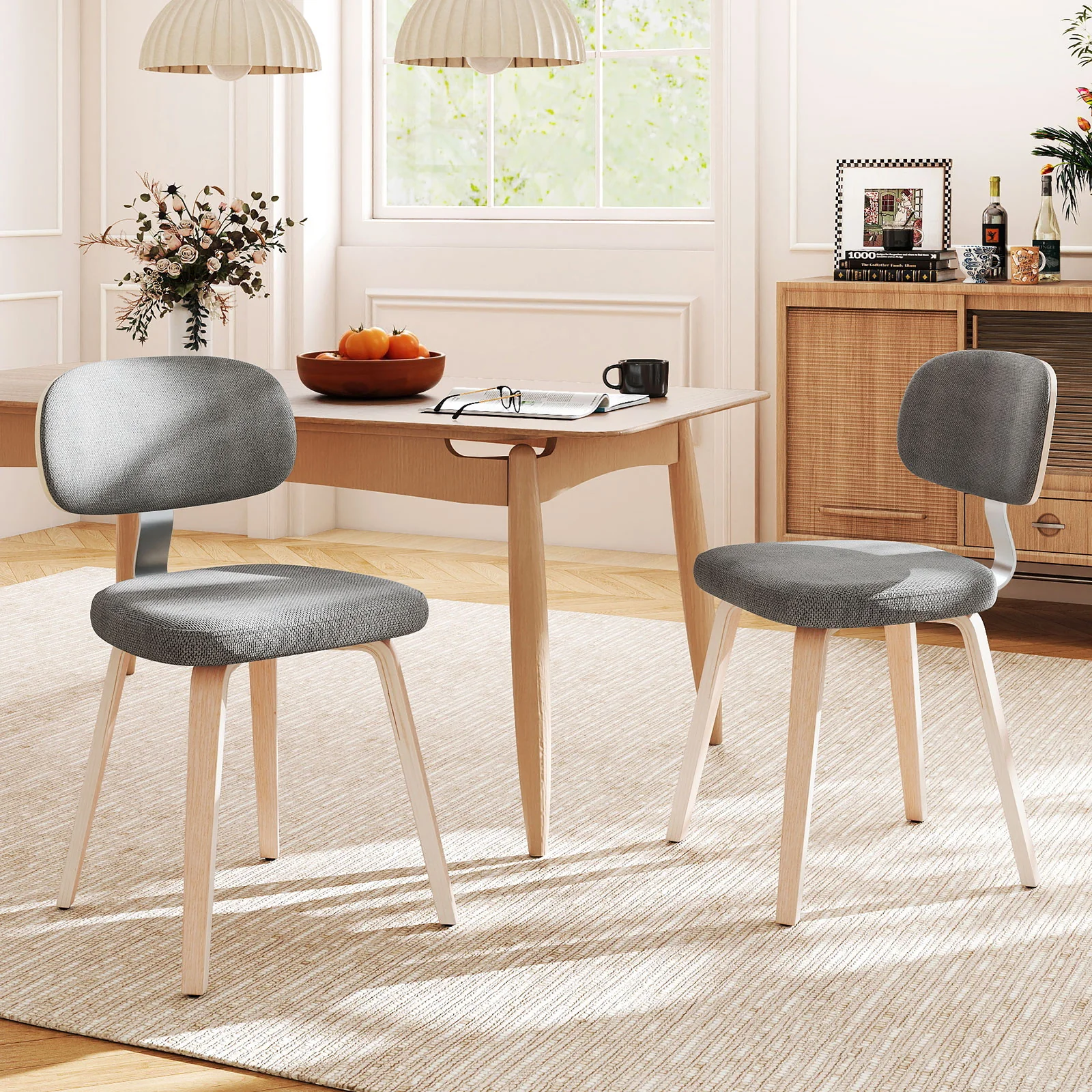Chenille Fabric Upholstered Wooden Kitchen Chairs Set of 2, Gray - Image 2