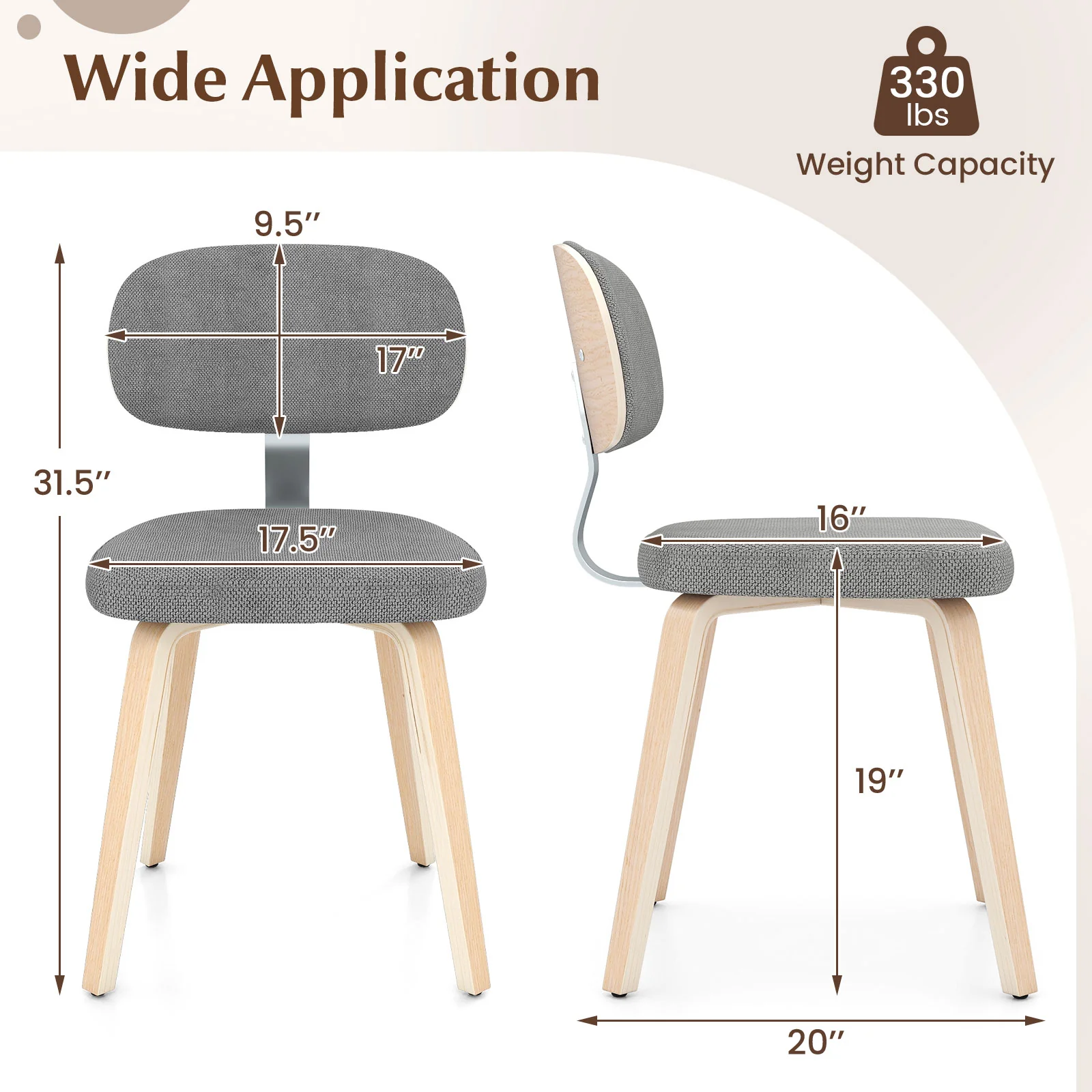 Chenille Fabric Upholstered Wooden Kitchen Chairs Set of 2, Gray - Image 4