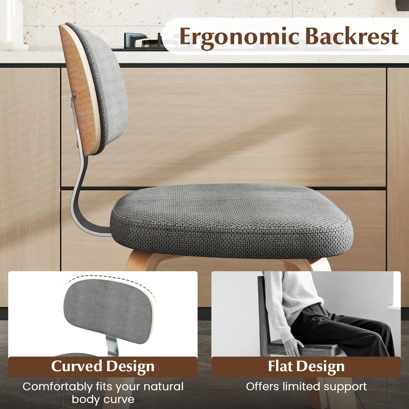 Chenille Fabric Upholstered Wooden Kitchen Chairs Set of 2, Gray - Image 5