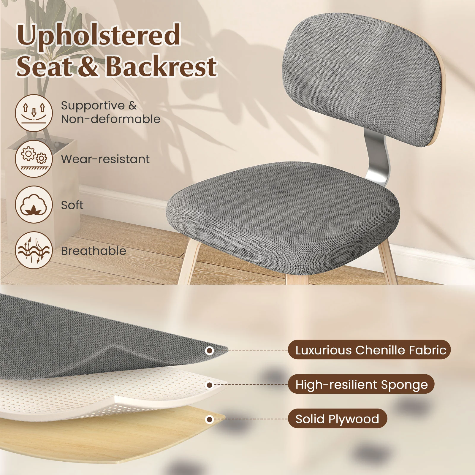 Chenille Fabric Upholstered Wooden Kitchen Chairs Set of 2, Gray - Image 6